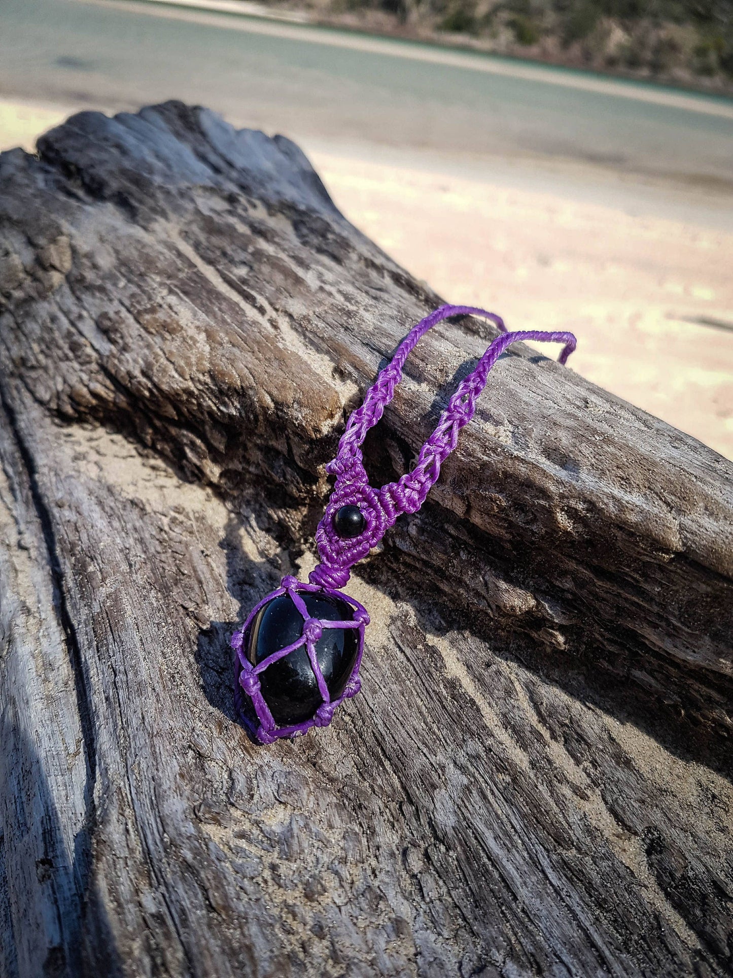 Black obsidian crystal handmade macrame necklace with purple cord