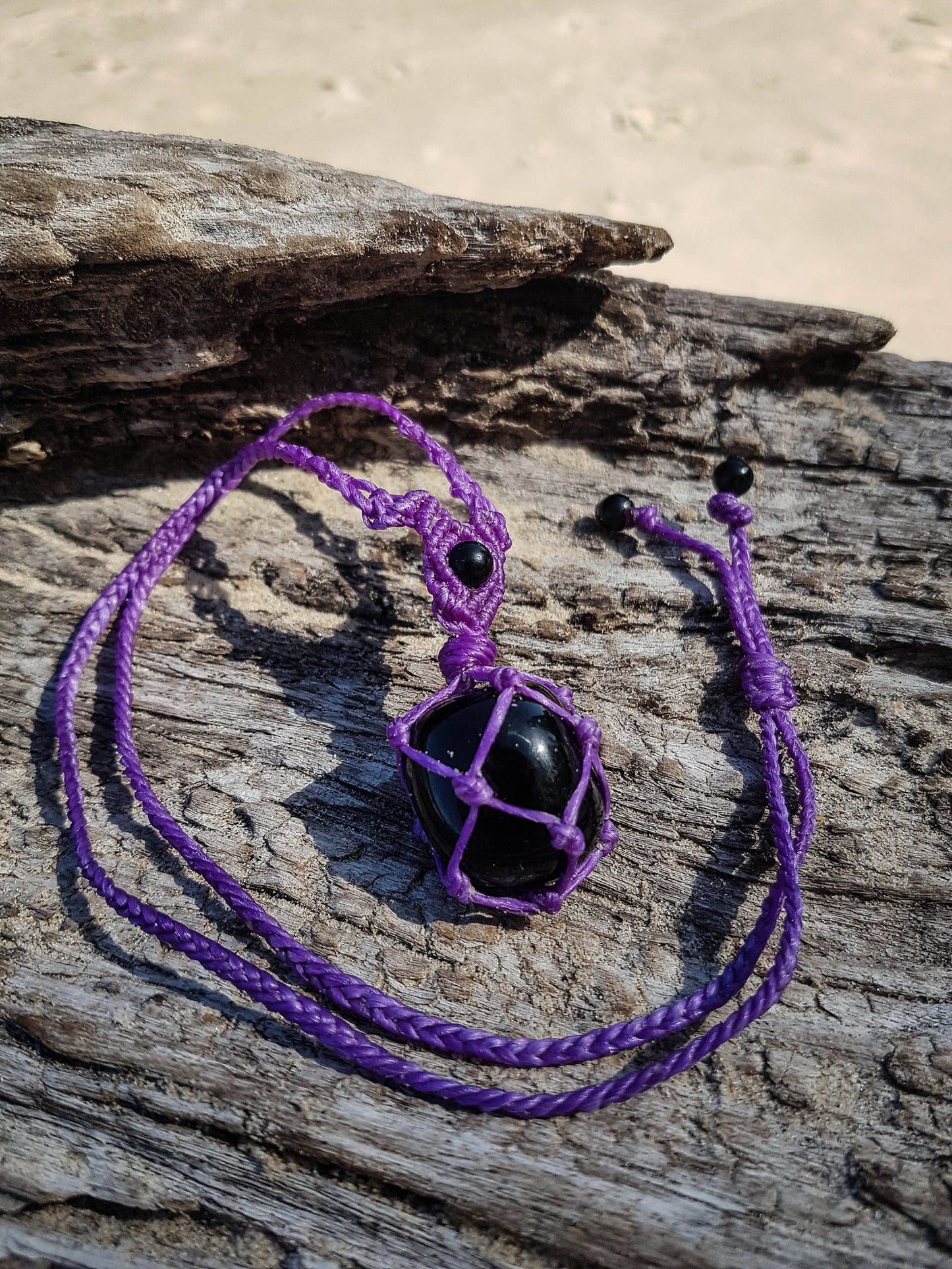 Black obsidian crystal handmade macrame necklace with purple cord