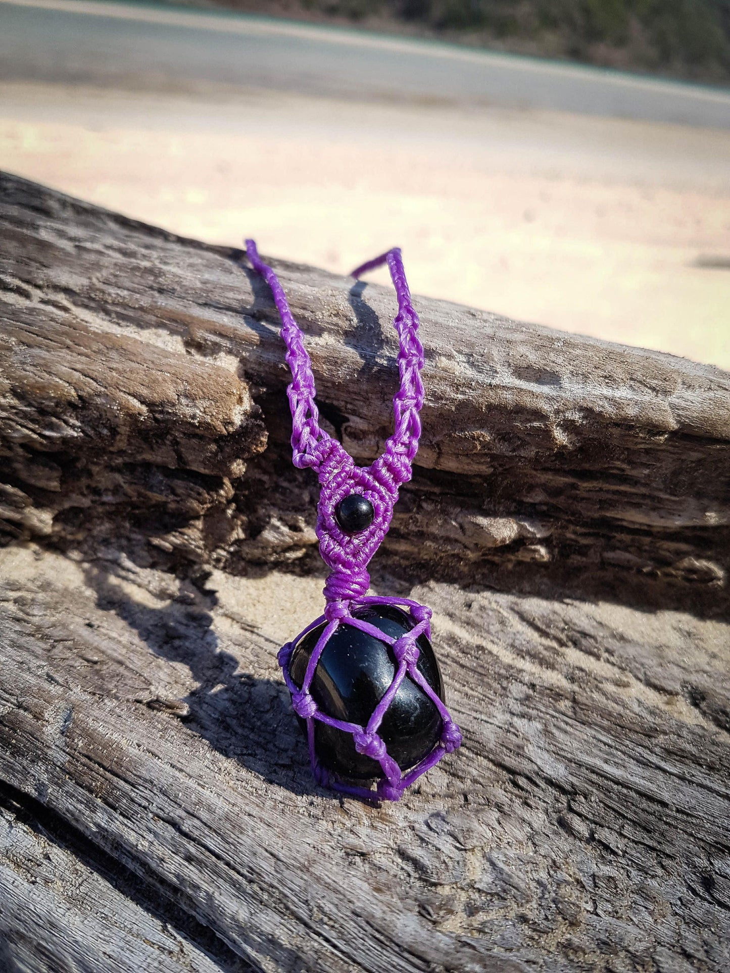 Black obsidian crystal handmade macrame necklace with purple cord