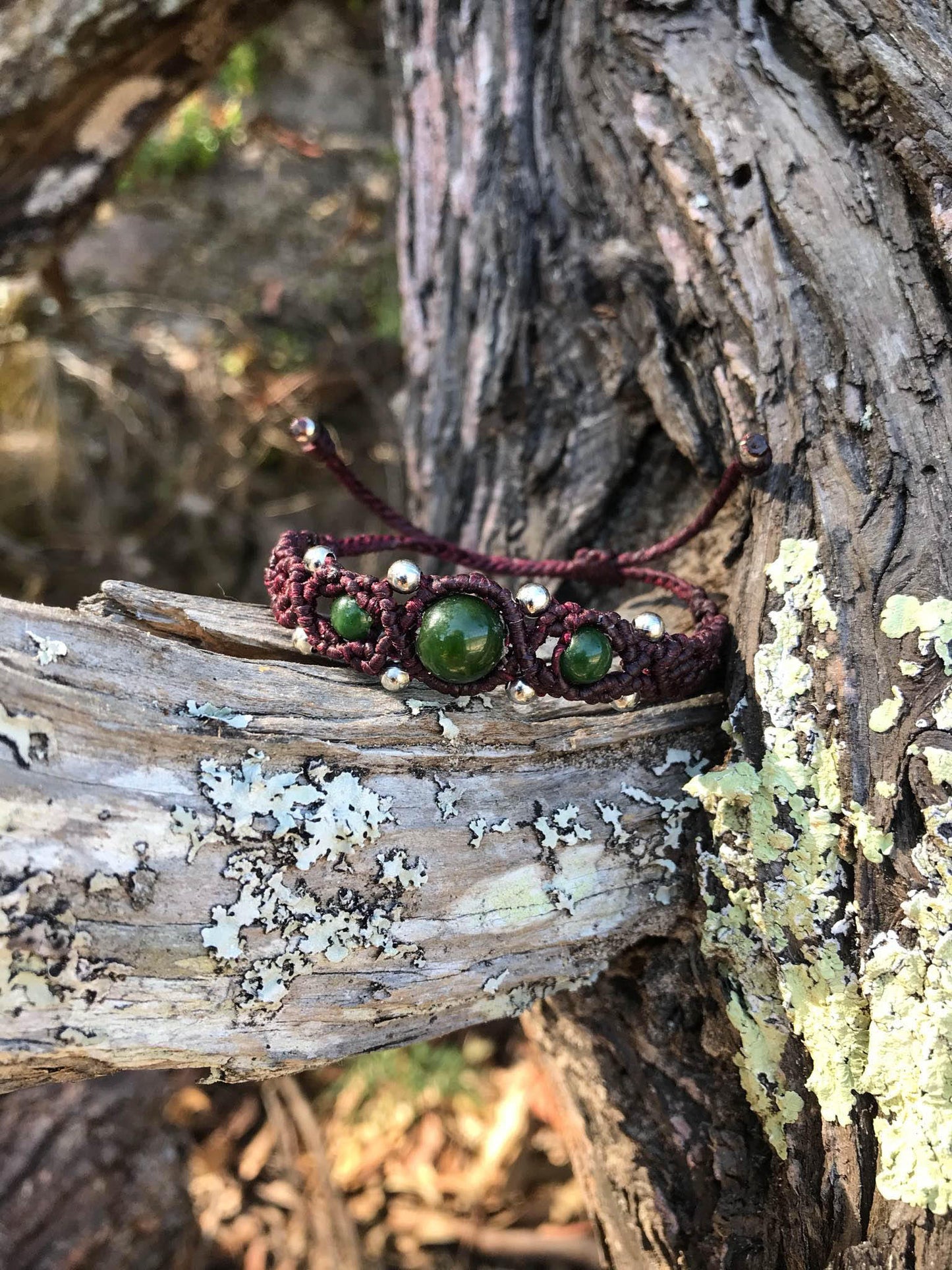 Handmade beaded macrame bracelet Jade stone and silver beads