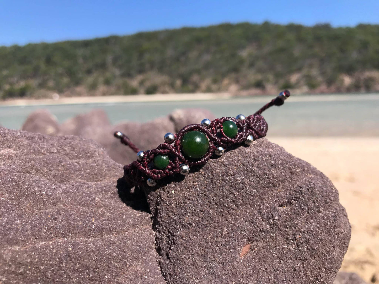 Handmade beaded macrame bracelet Jade stone and silver beads