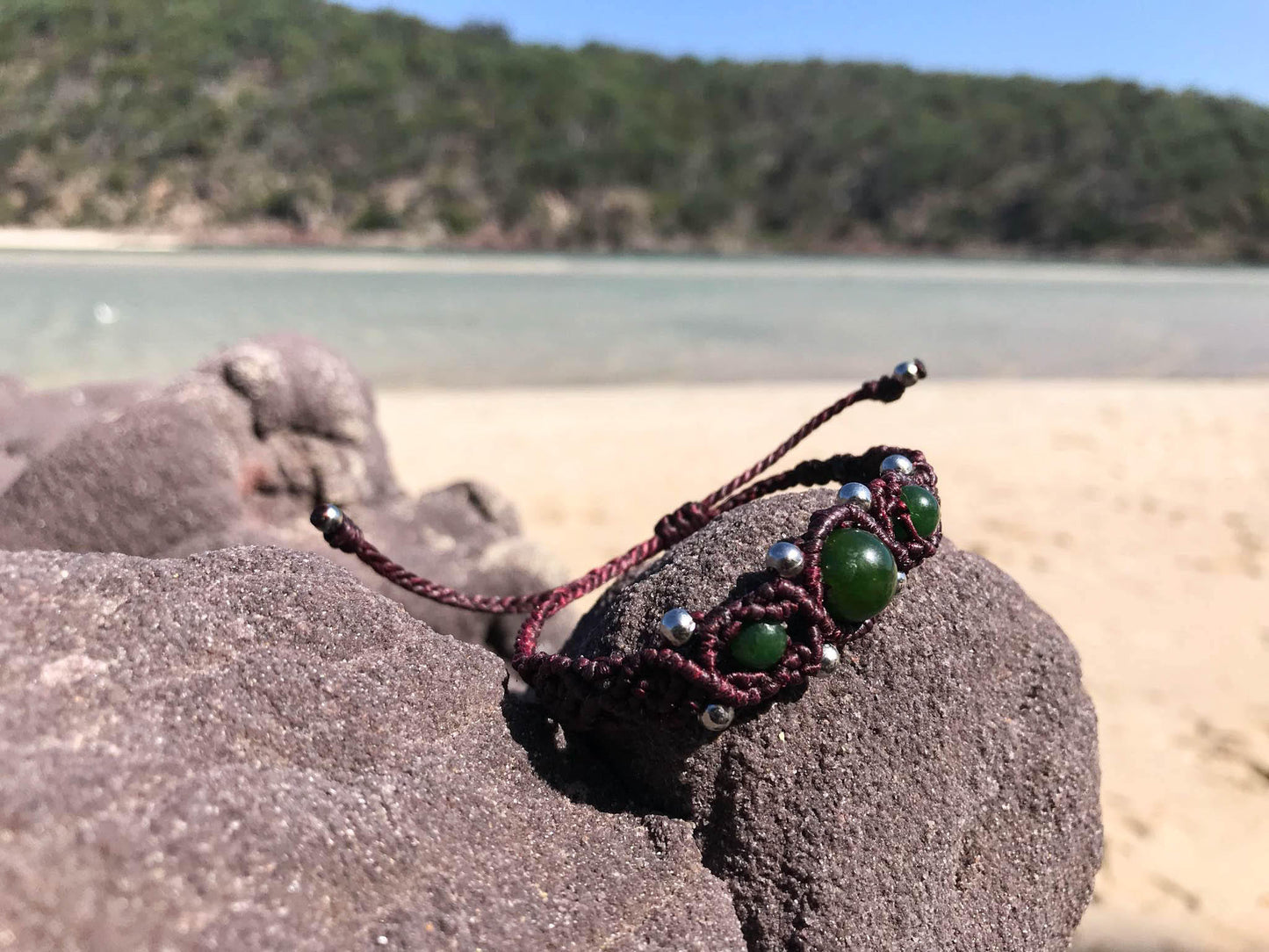 Handmade beaded macrame bracelet Jade stone and silver beads
