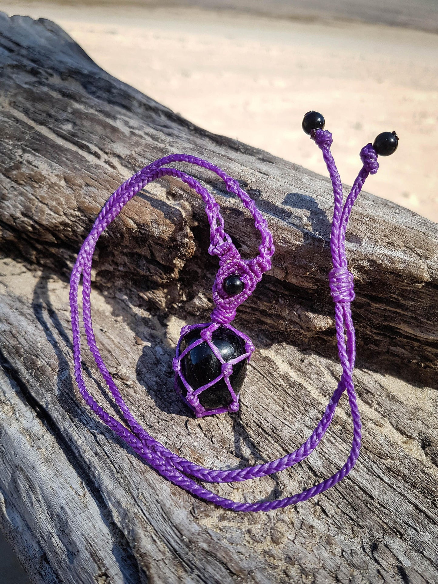 Black obsidian crystal handmade macrame necklace with purple cord
