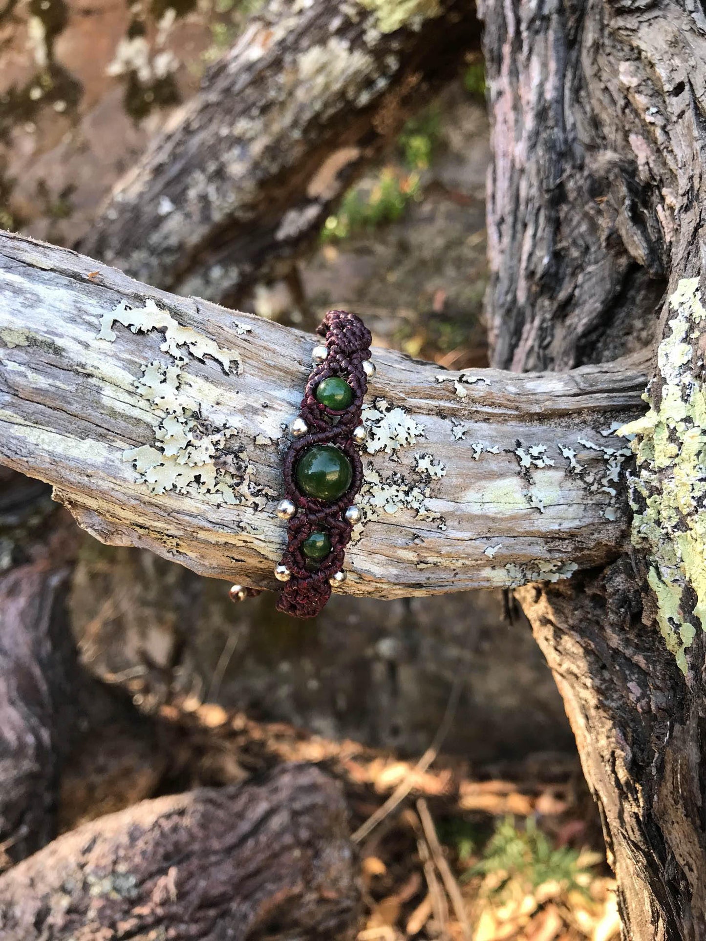 Handmade beaded macrame bracelet Jade stone and silver beads