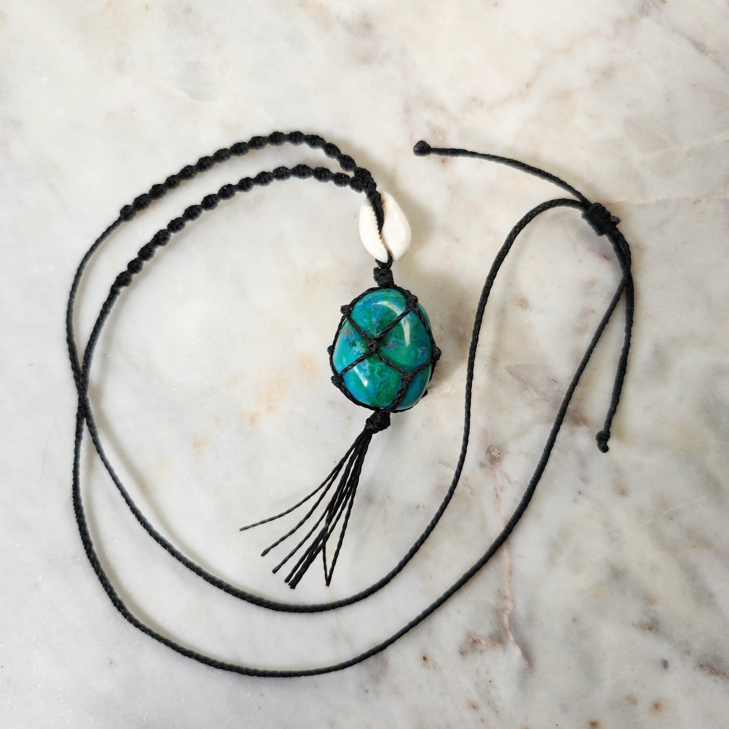 Chrysocolla green crystal handmade macrame necklace with cowrie shell and black cord