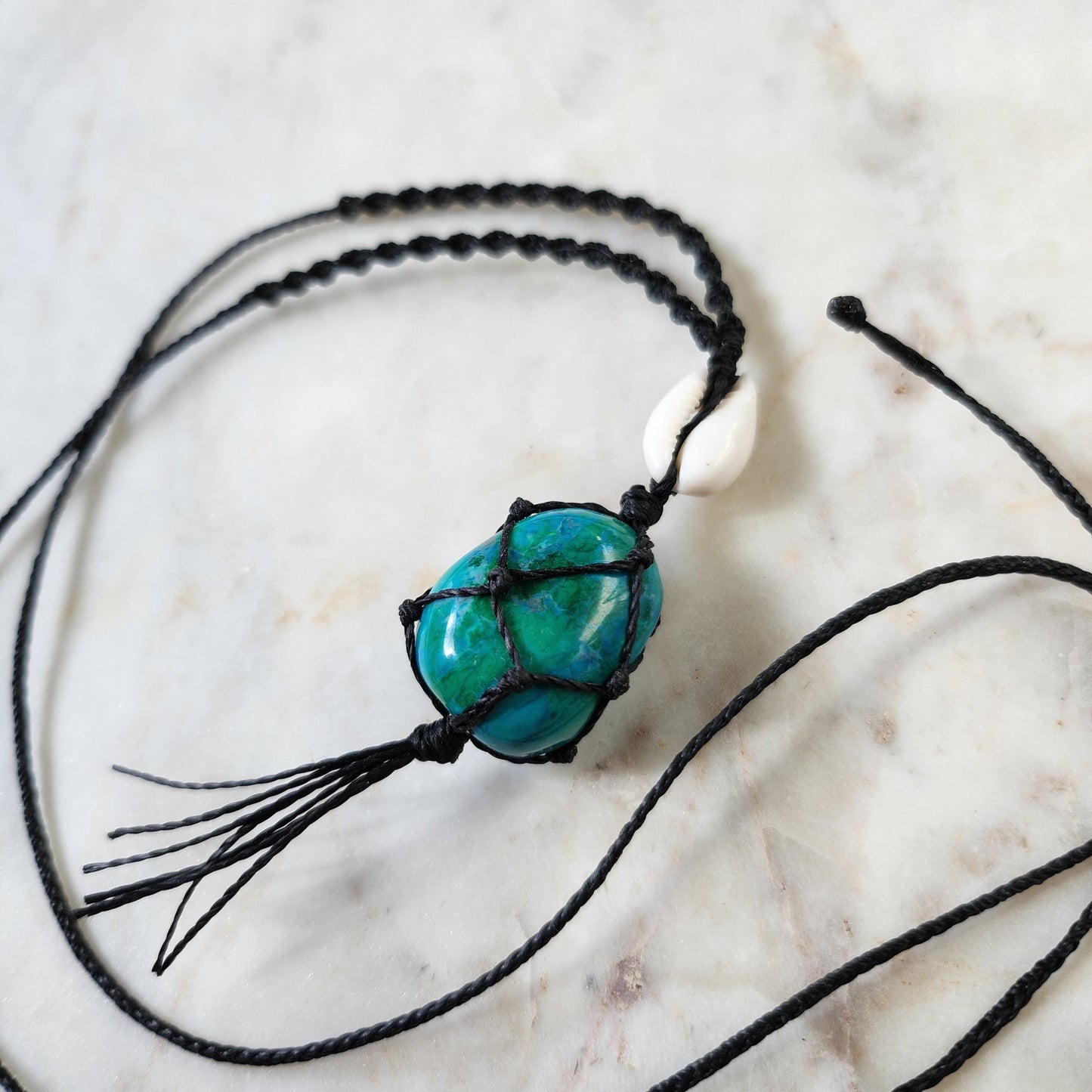 Chrysocolla green crystal handmade macrame necklace with cowrie shell and black cord