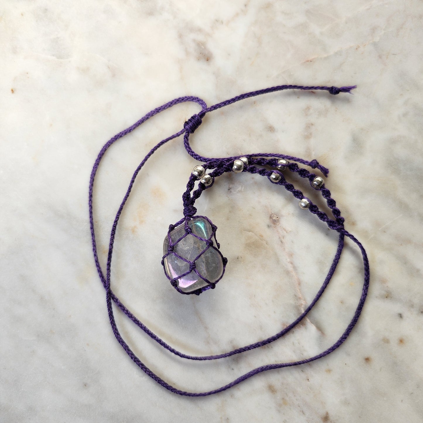 Smokey angel aura rainbow flash quartz crystal handmade macrame necklace with purple cord and silver beads