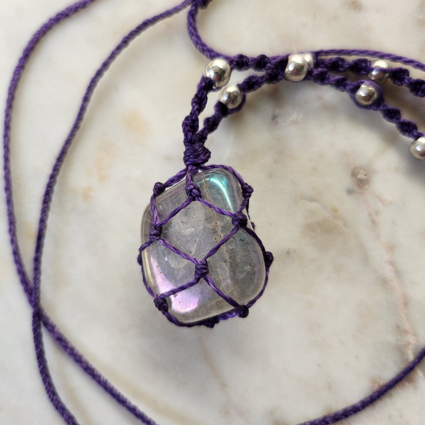 Smokey angel aura rainbow flash quartz crystal handmade macrame necklace with purple cord and silver beads