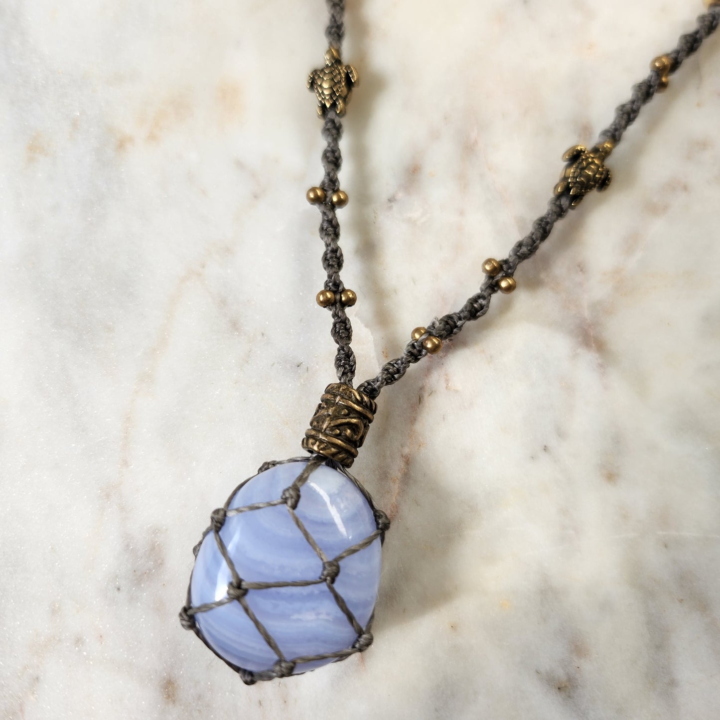 Blue lace agate crystal handmade macrame necklace with brass turtle beads