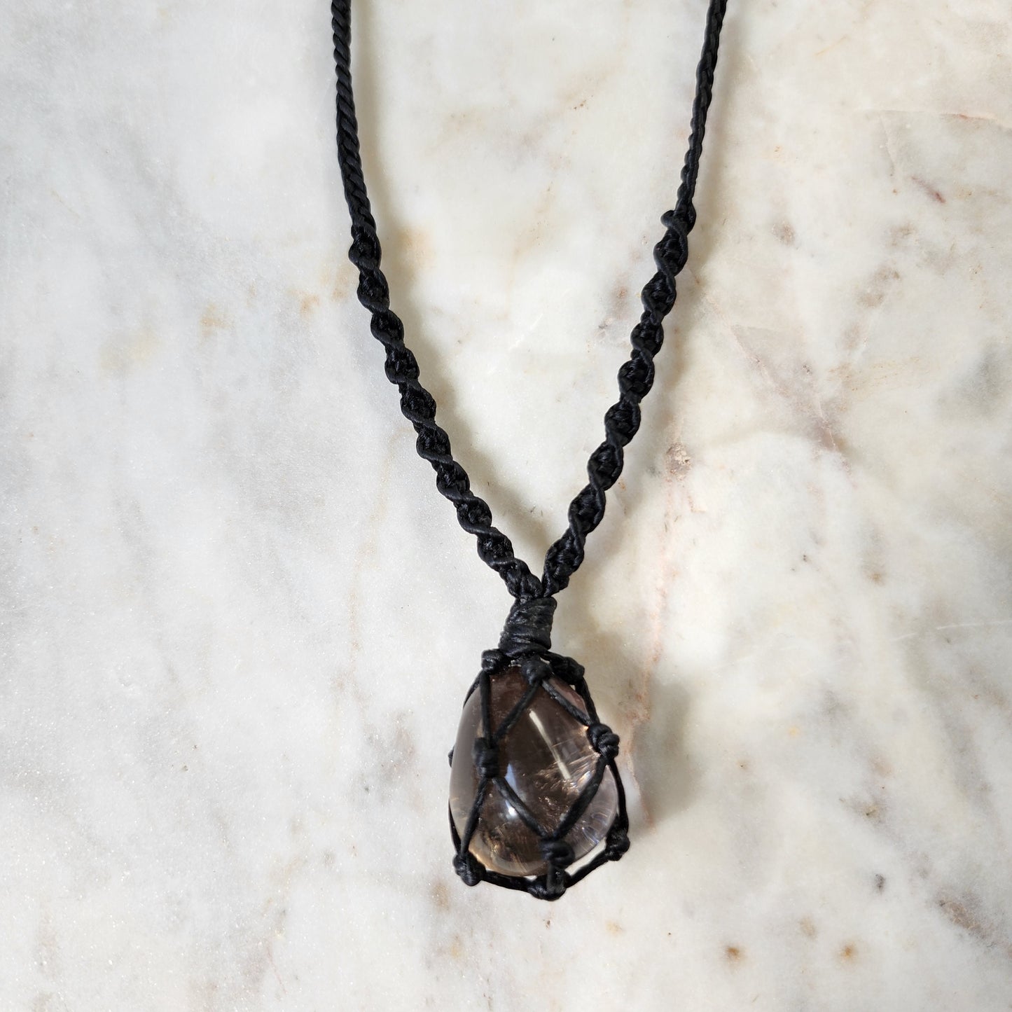 Smokey quartz crystal handmade macrame necklace with black cord
