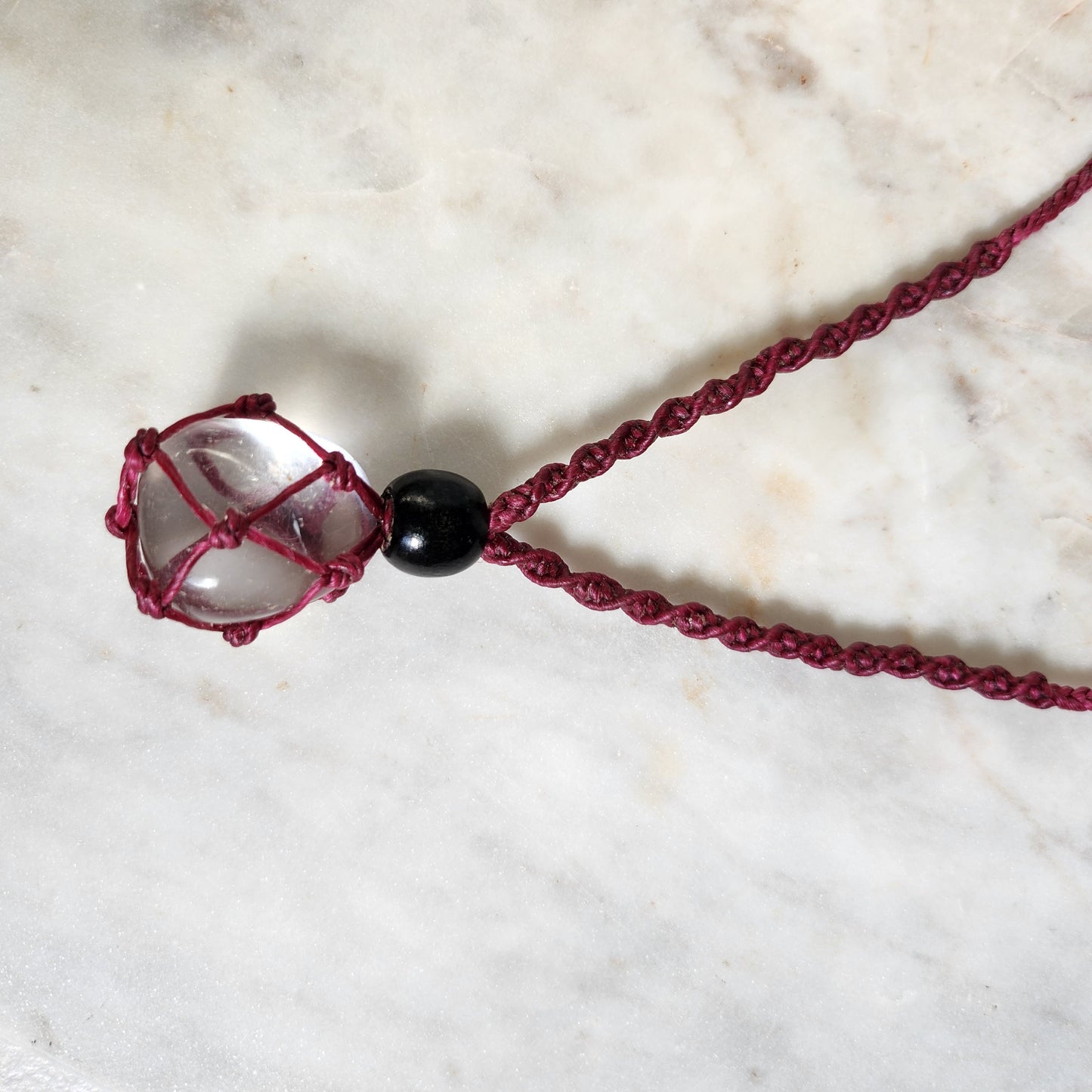 Clear quartz crystal handmade macrame necklace with magenta pink cord