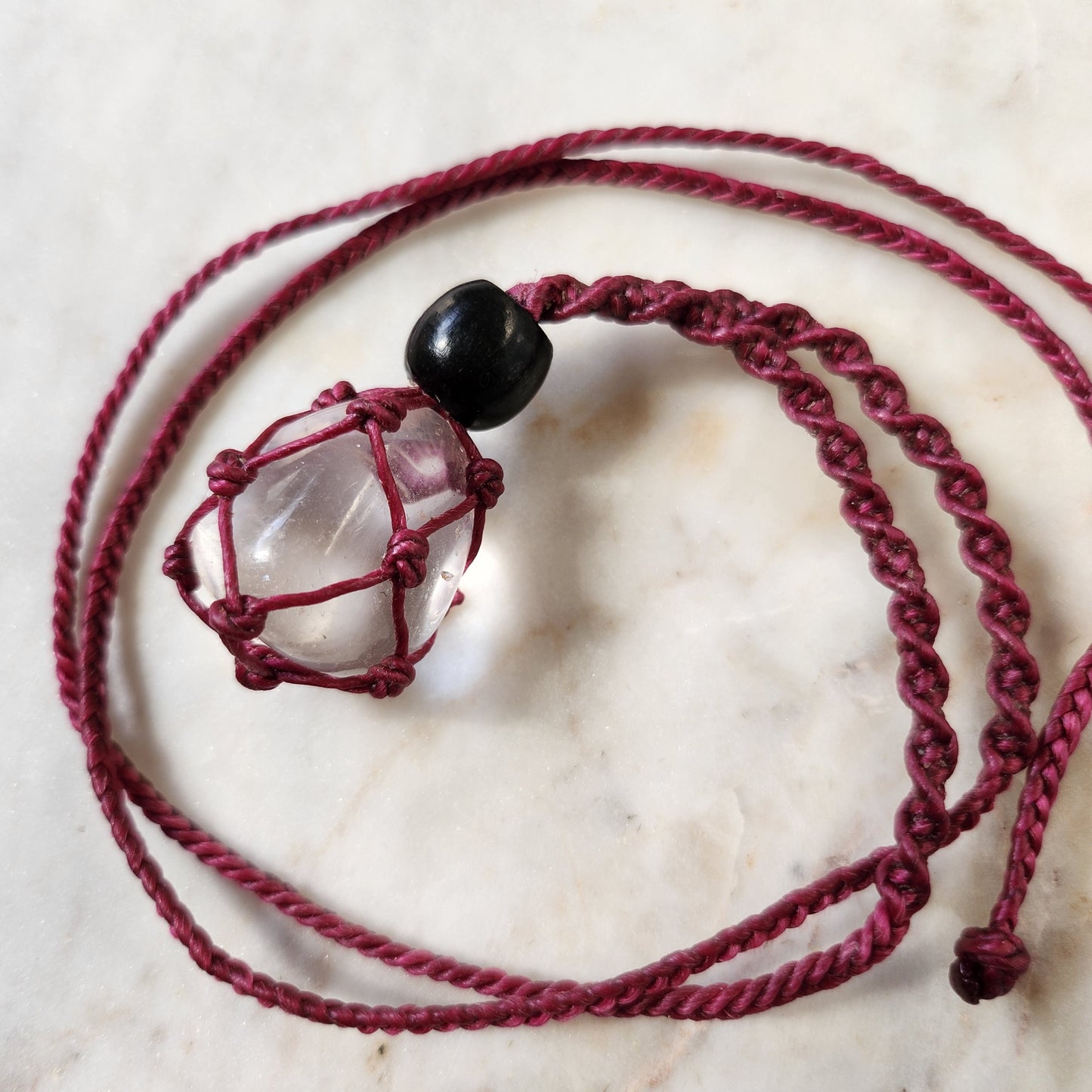 Clear quartz crystal handmade macrame necklace with magenta pink cord