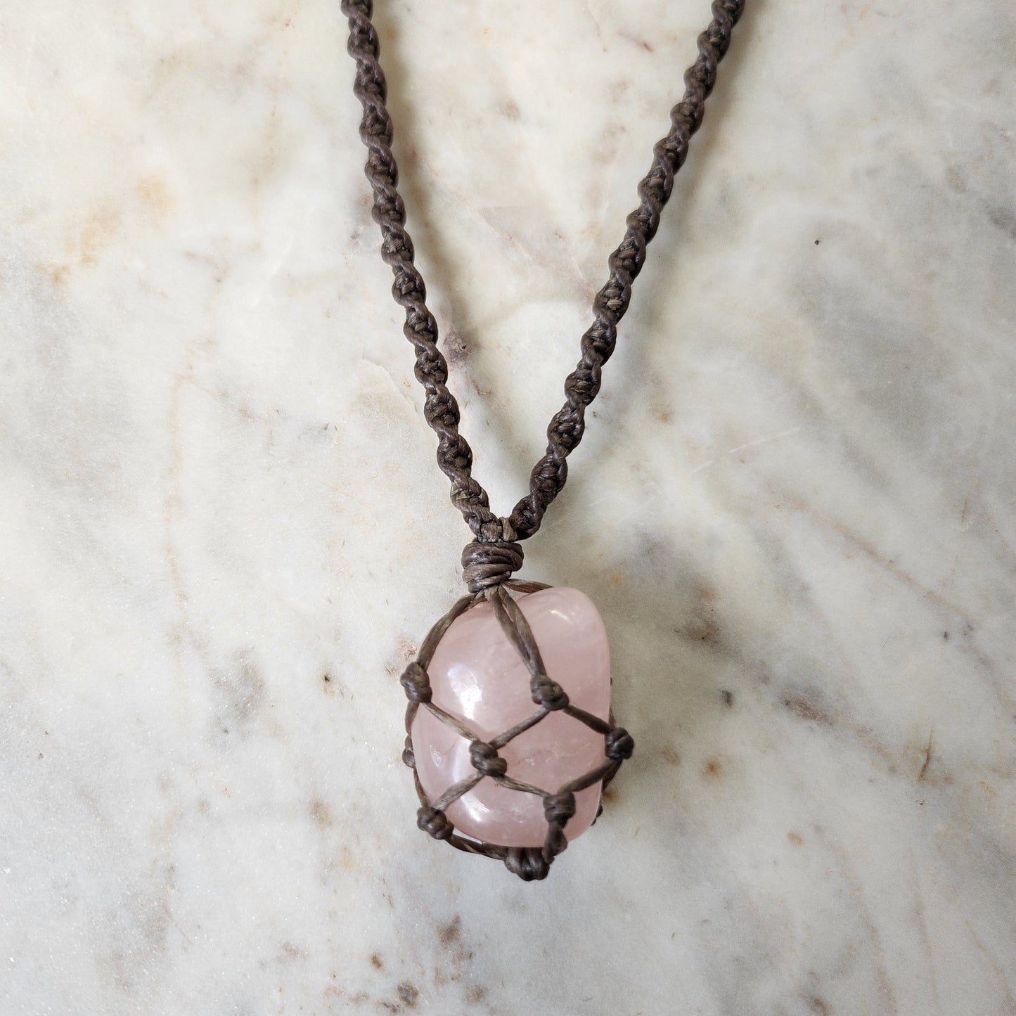 Rose quartz crystal handmade macrame necklace with grey cord
