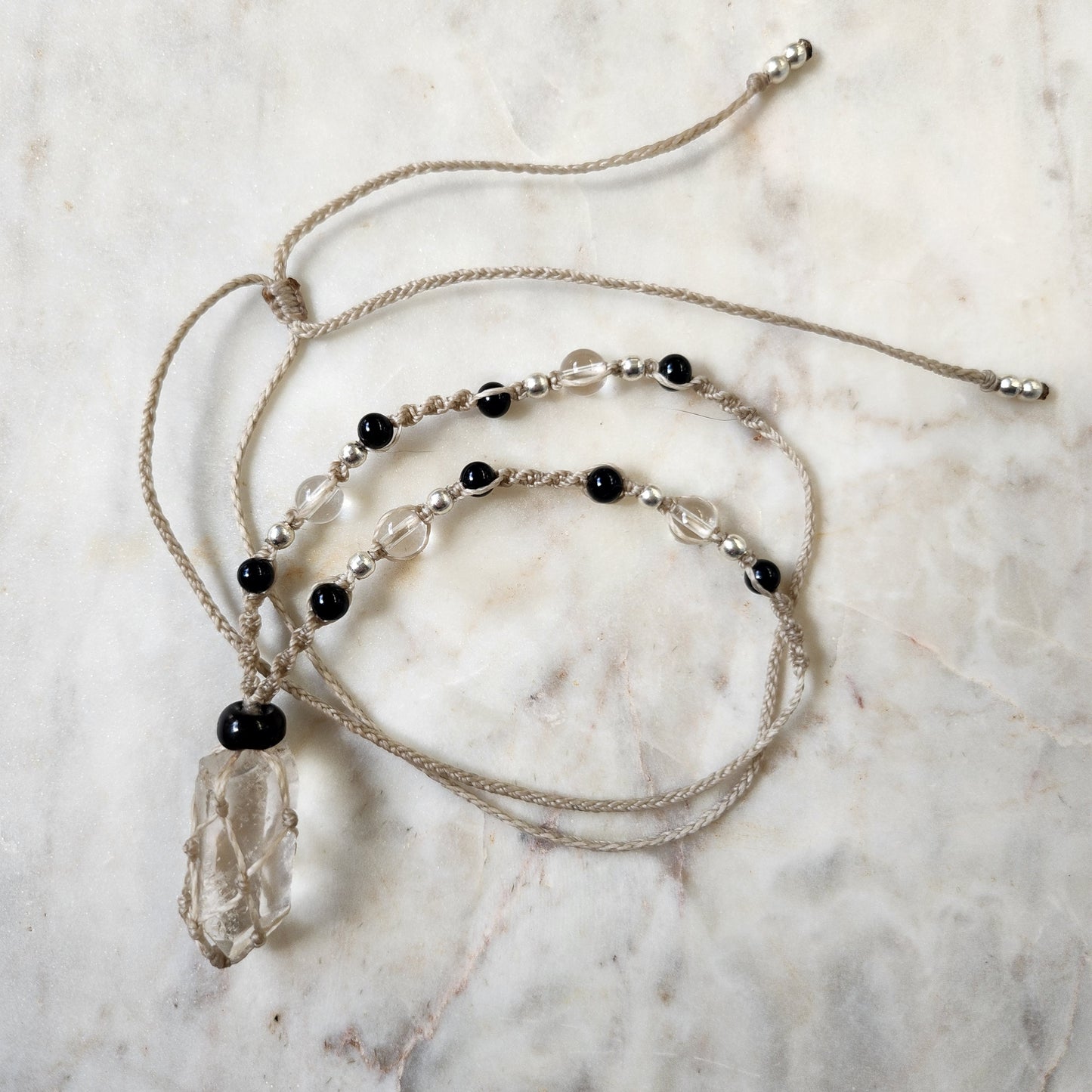 Quartz point crystal handmade beaded macrame necklace with beige cord