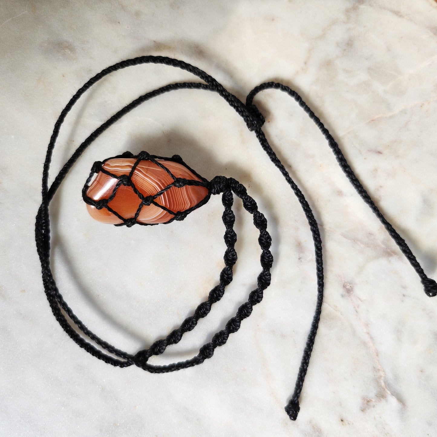 Orange Agate crystal handmade macrame necklace with black cord