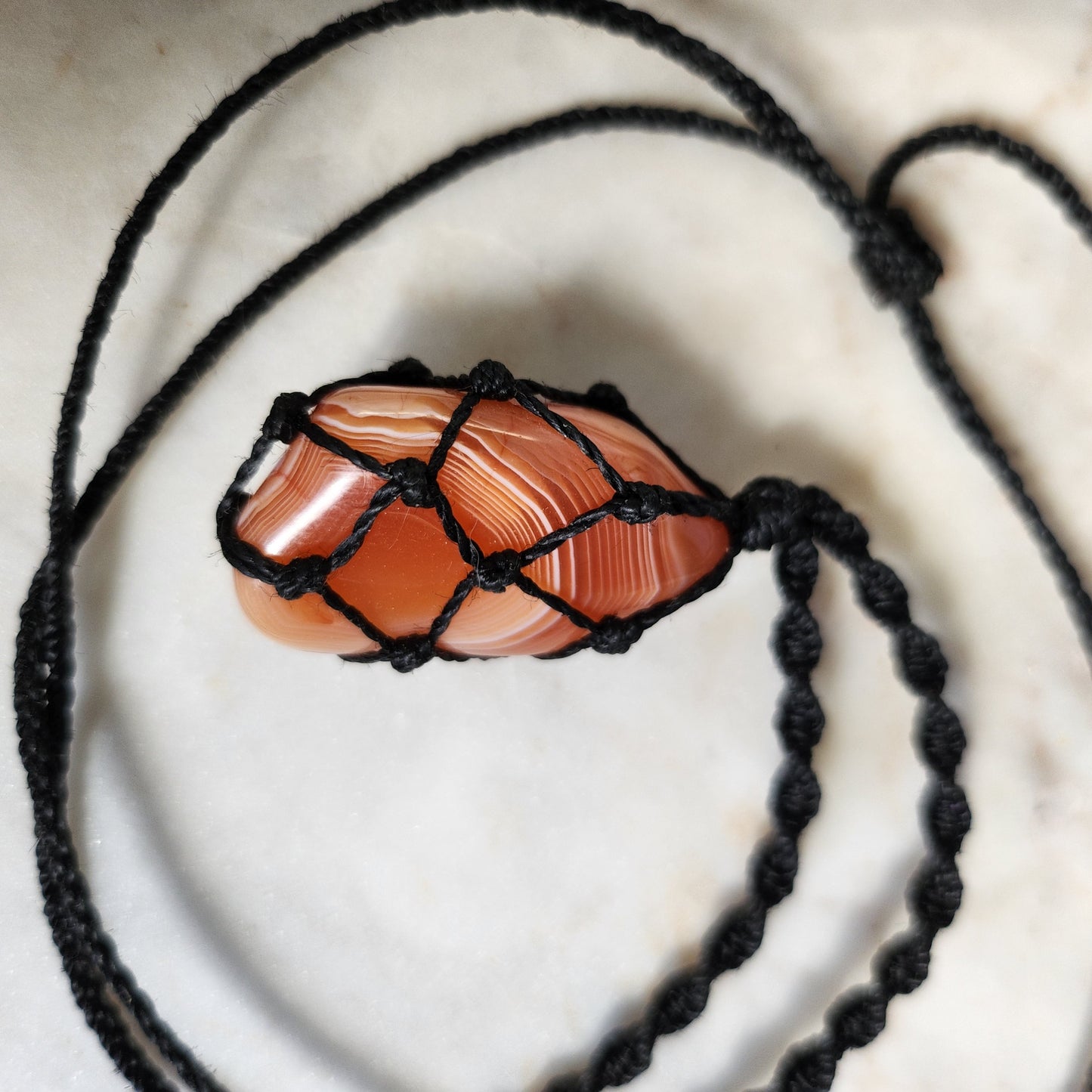 Orange Agate crystal handmade macrame necklace with black cord