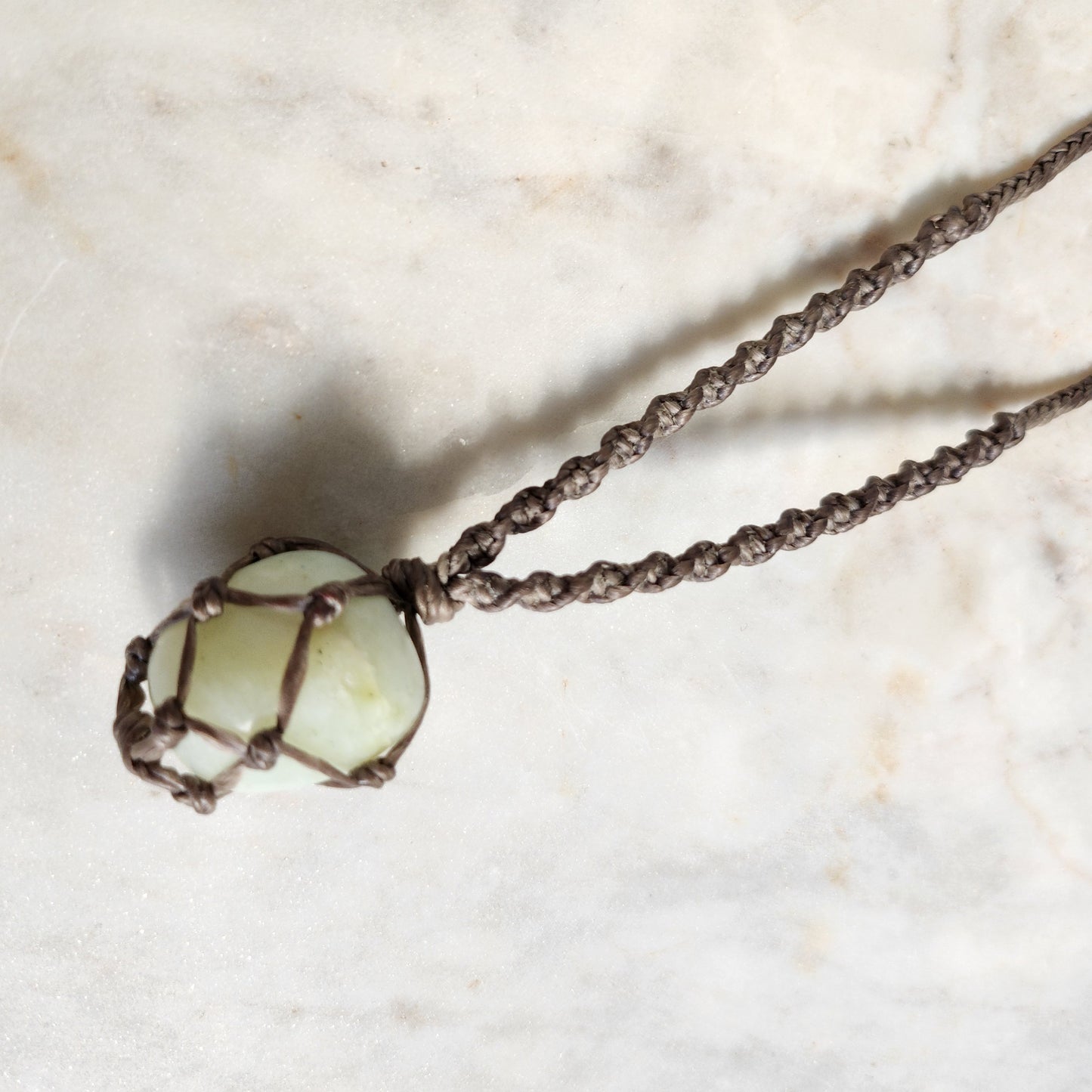 Jade crystal handmade macrame necklace with beige/grey cord