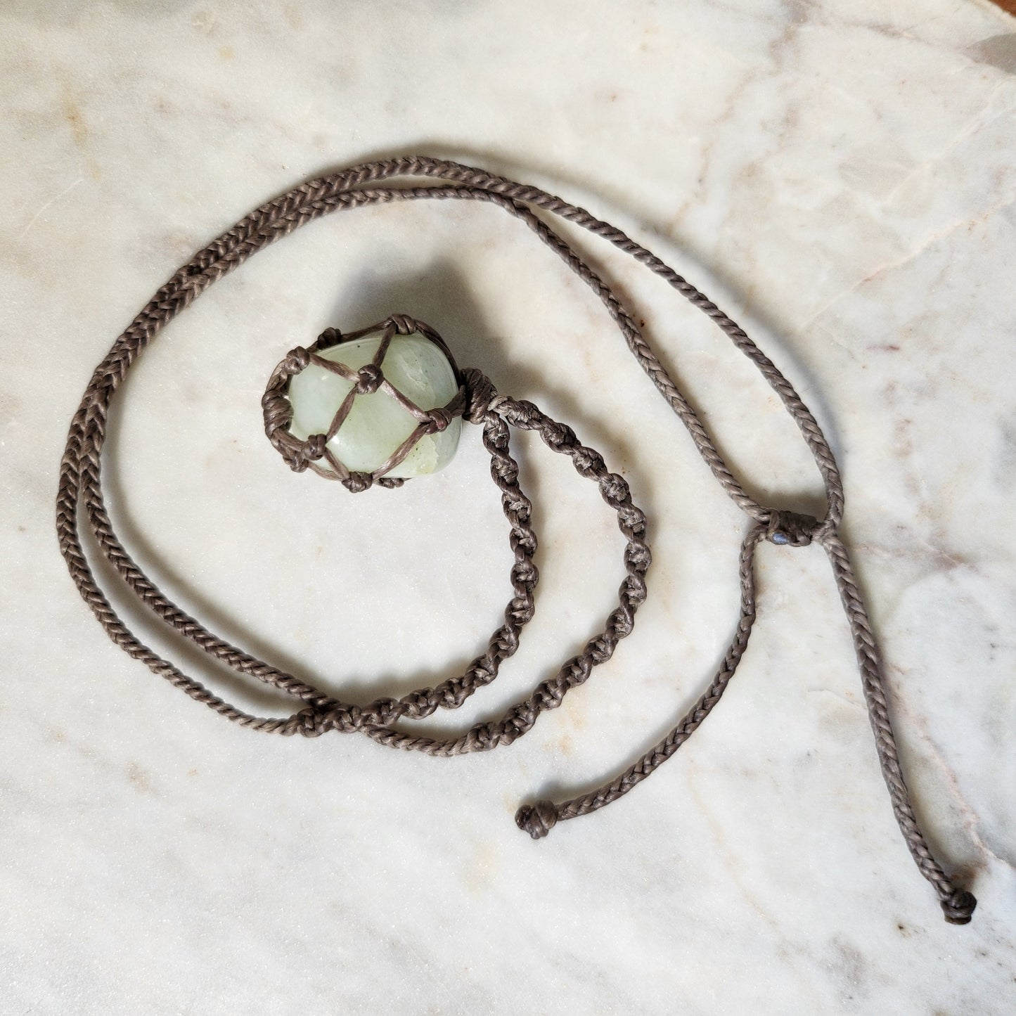Jade crystal handmade macrame necklace with beige/grey cord