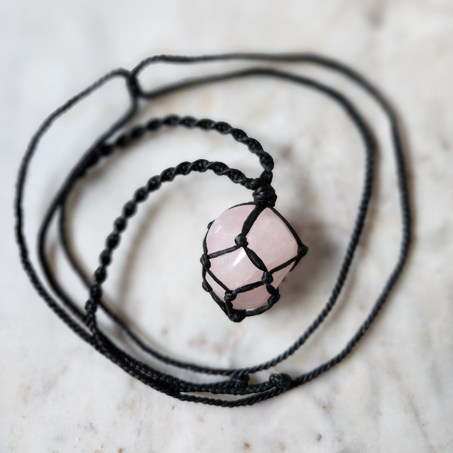 Rose quartz crystal handmade macrame necklace with black cord