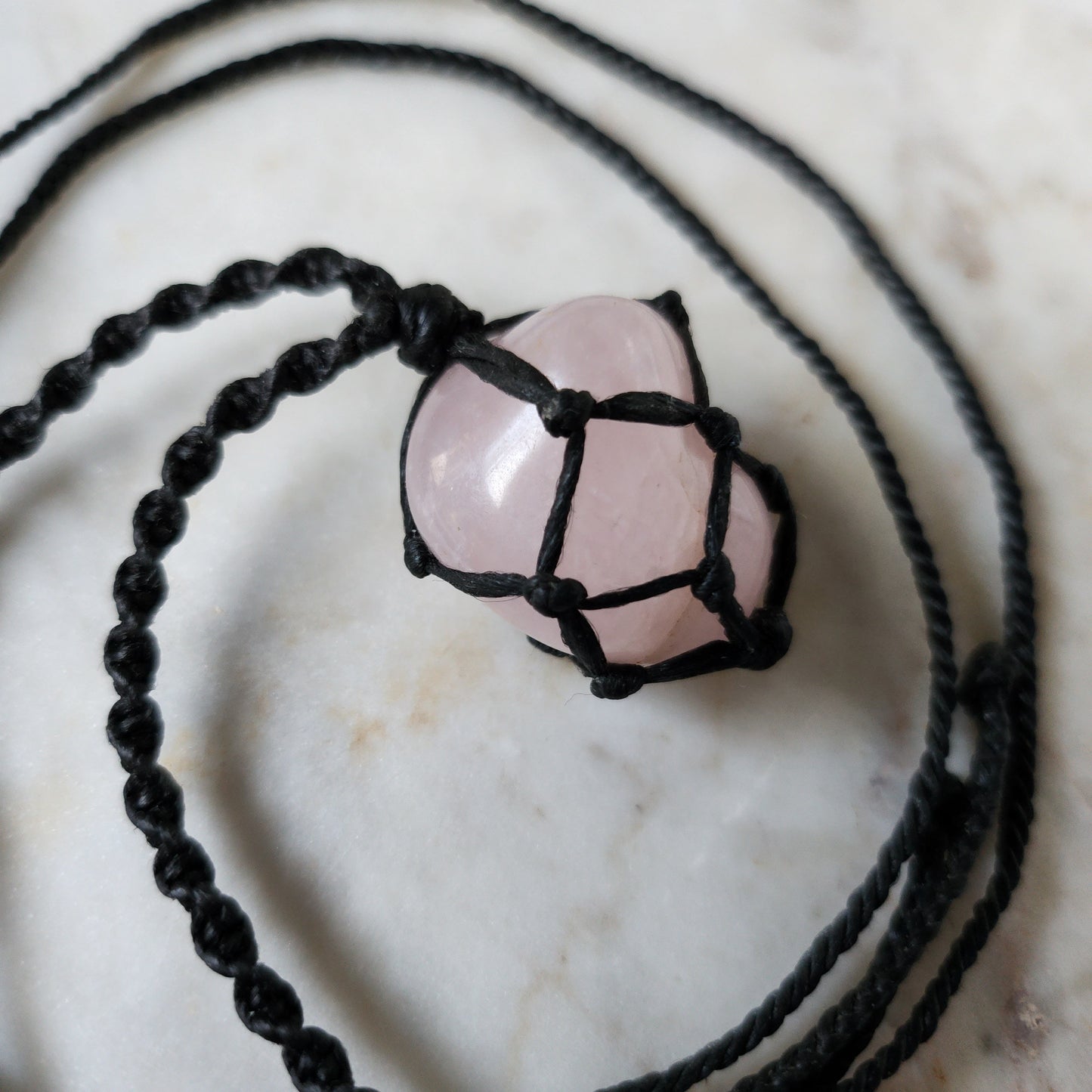 Rose quartz crystal handmade macrame necklace with black cord