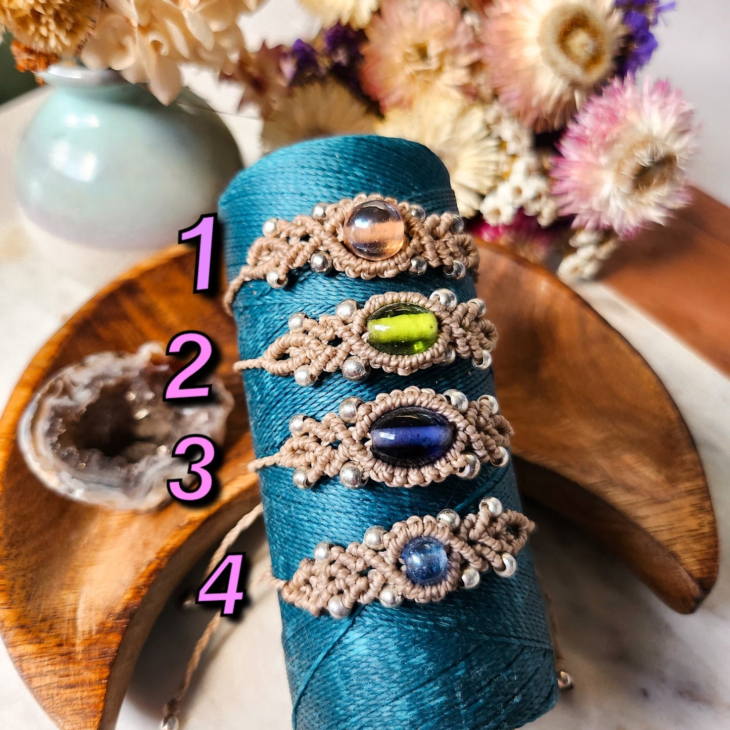 Handmade beaded macrame bracelet glass stone and silver beads
