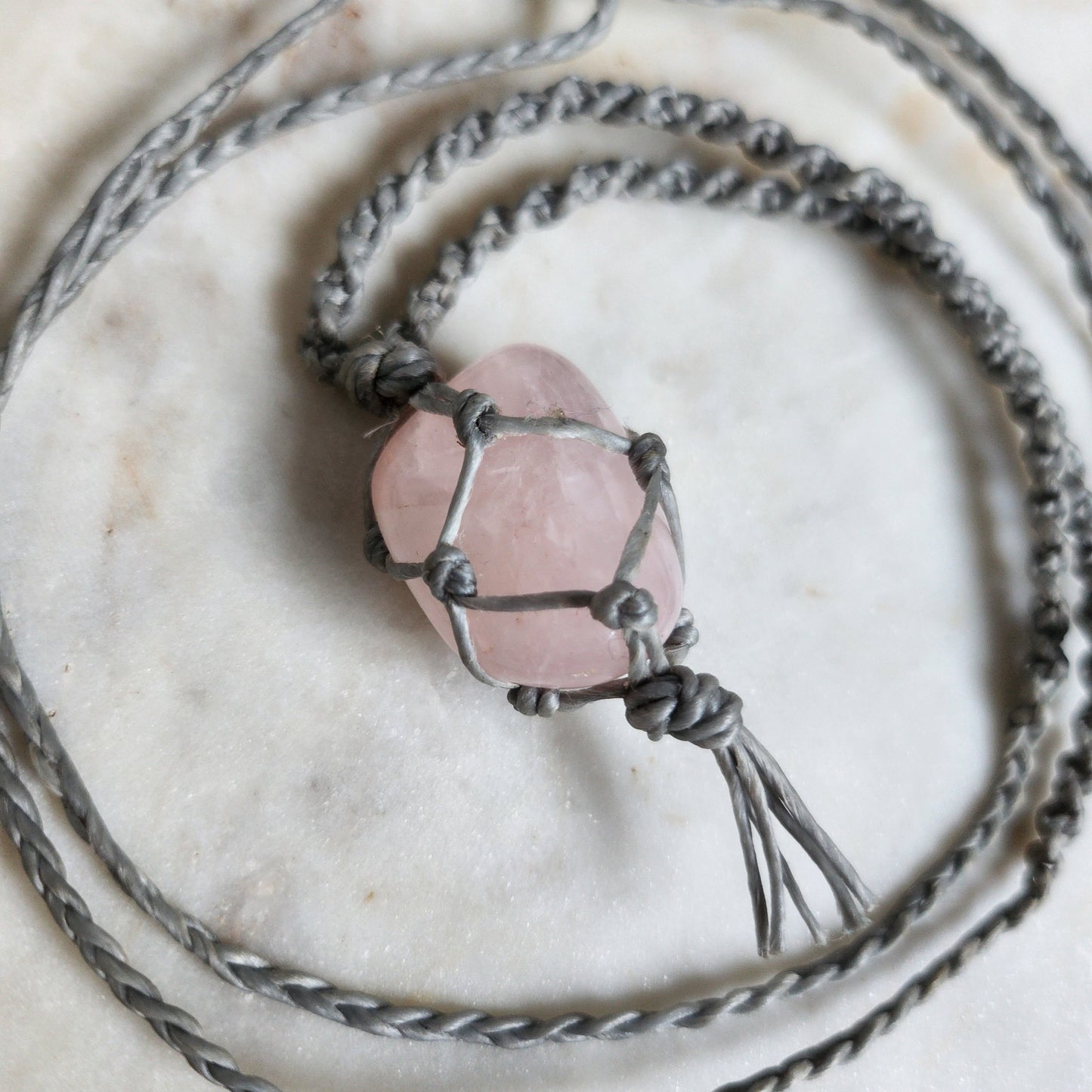 Rose Quartz crystal handmade macrame necklace with blue/grey cord
