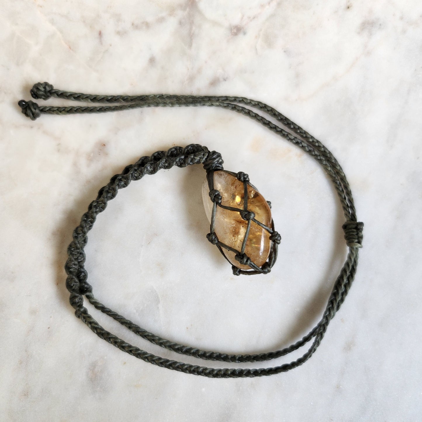 Citrine crystal handmade macrame necklace with dark green cord
