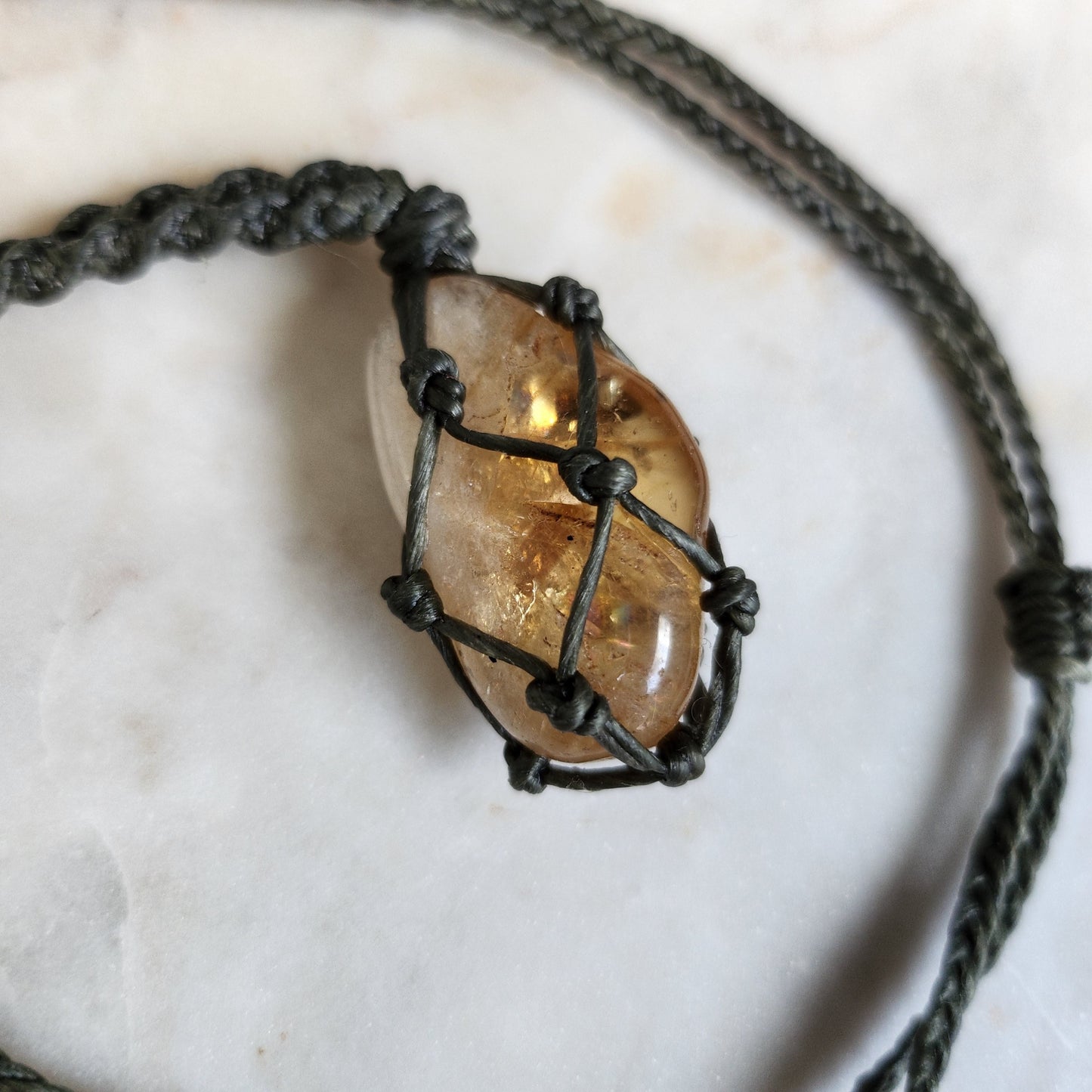Citrine crystal handmade macrame necklace with dark green cord