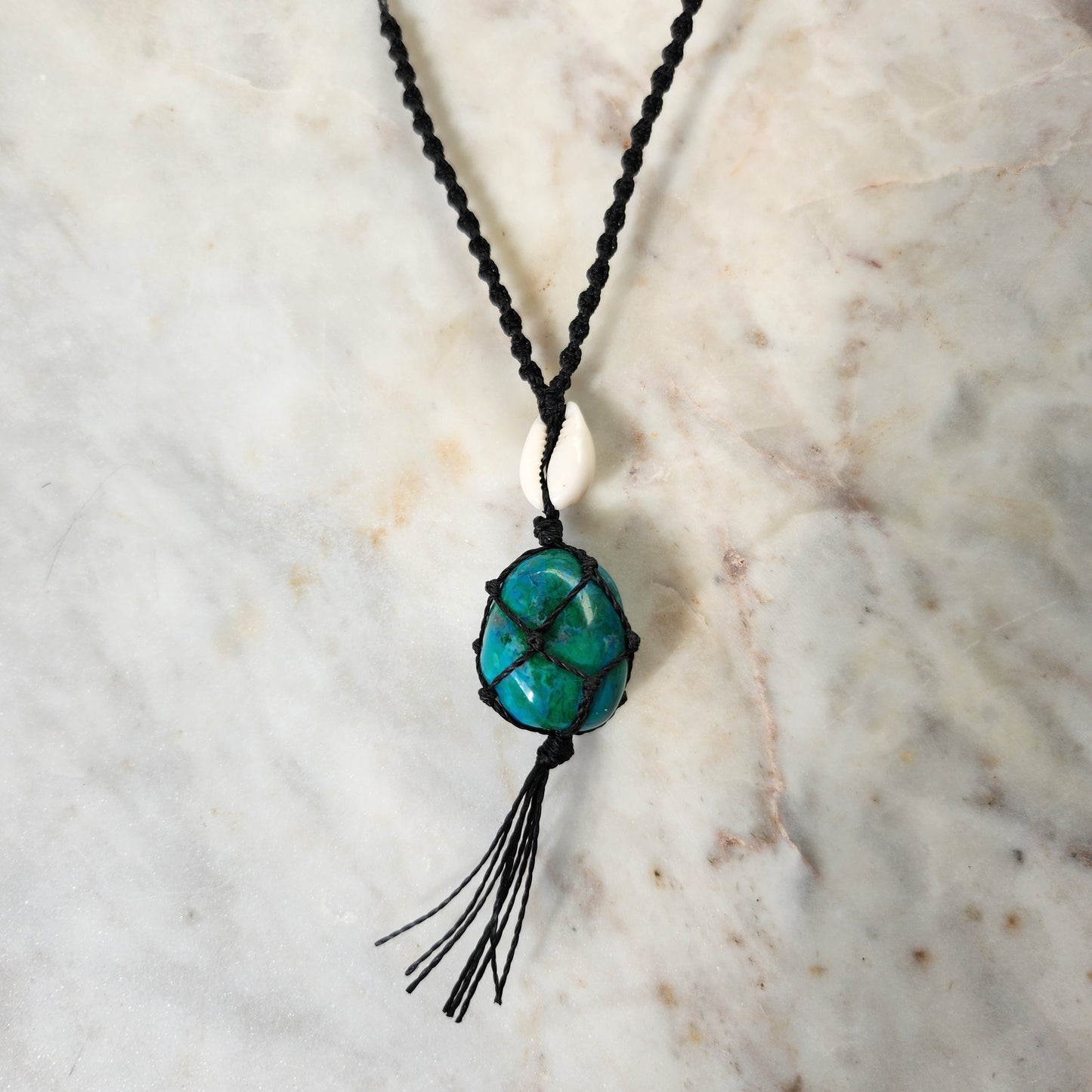 Chrysocolla green crystal handmade macrame necklace with cowrie shell and black cord
