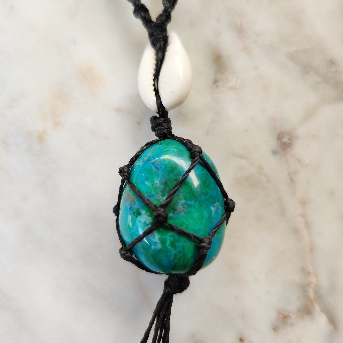 Chrysocolla green crystal handmade macrame necklace with cowrie shell and black cord