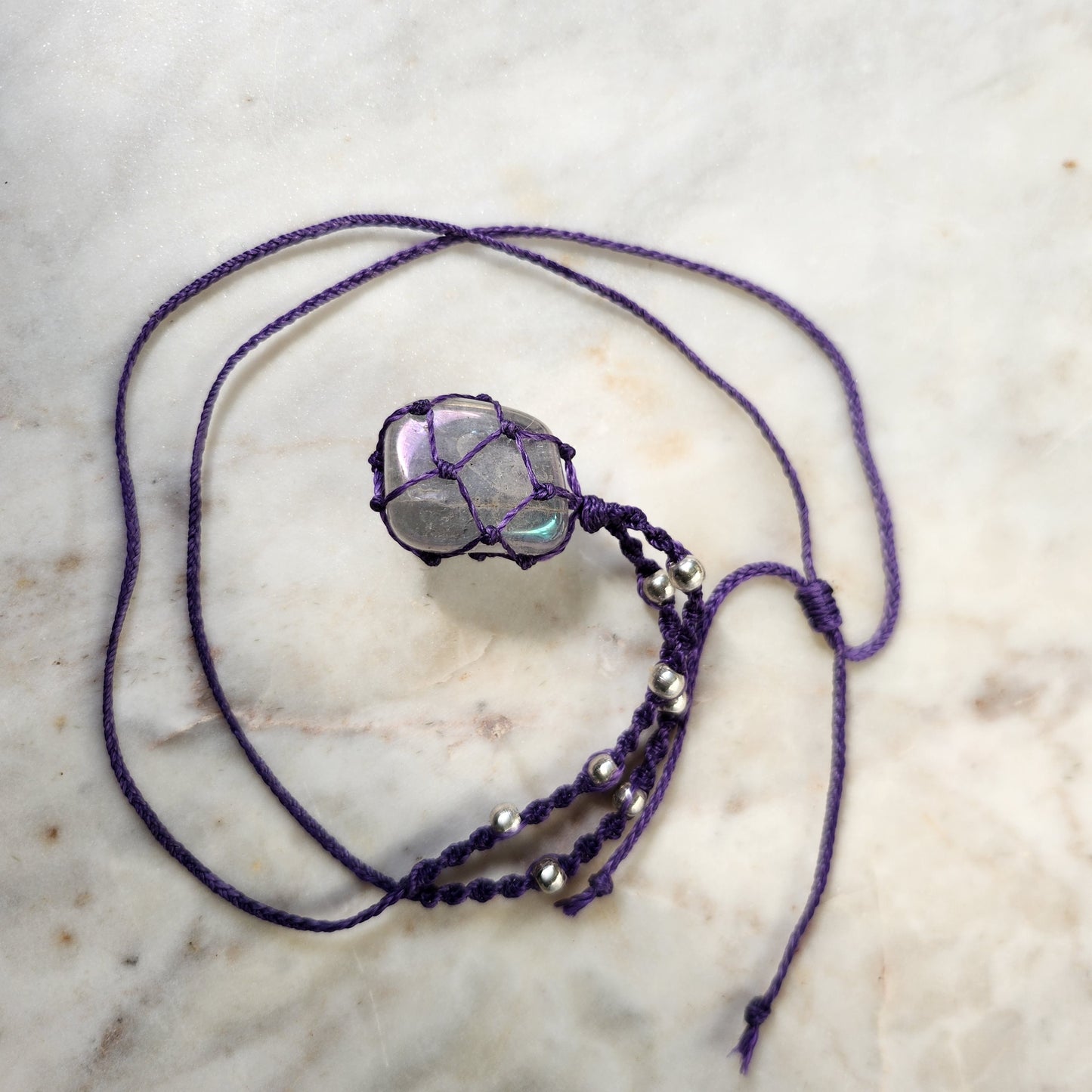 Smokey angel aura rainbow flash quartz crystal handmade macrame necklace with purple cord and silver beads