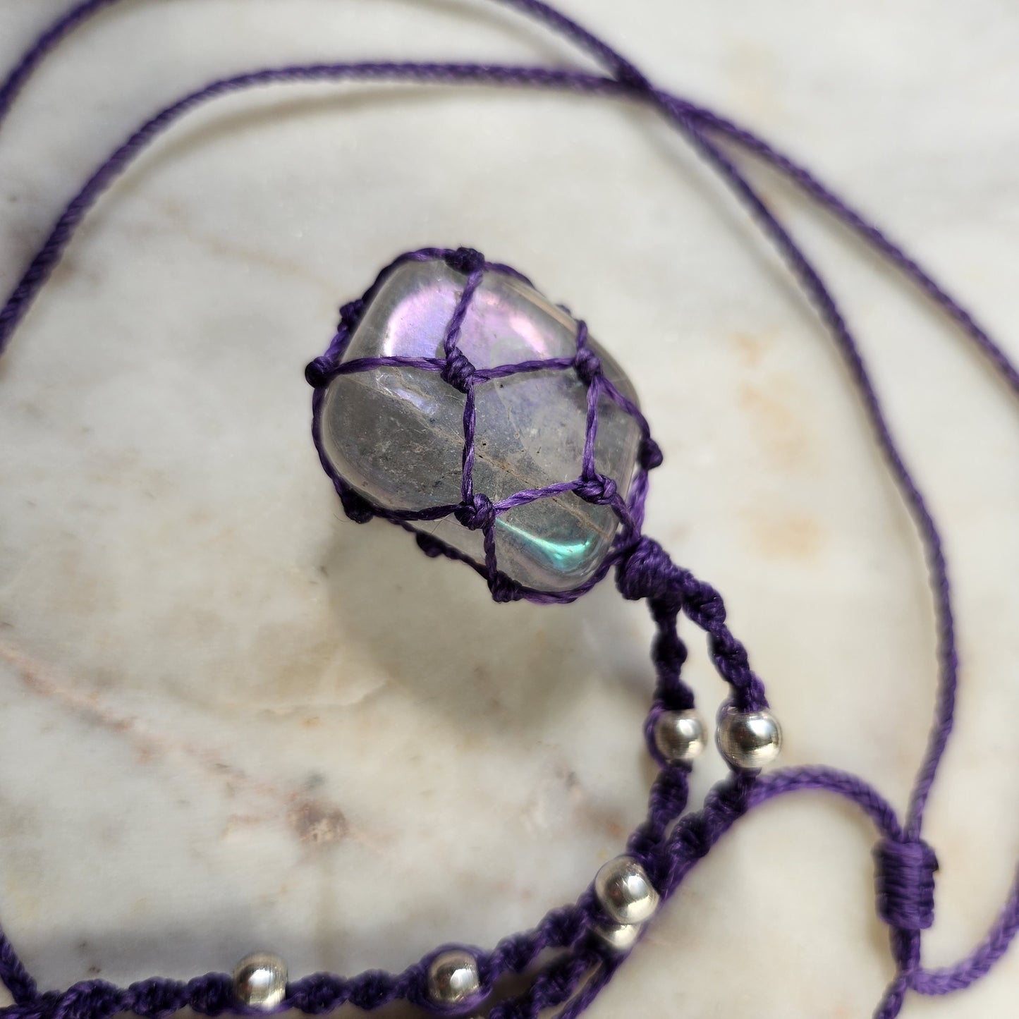 Smokey angel aura rainbow flash quartz crystal handmade macrame necklace with purple cord and silver beads