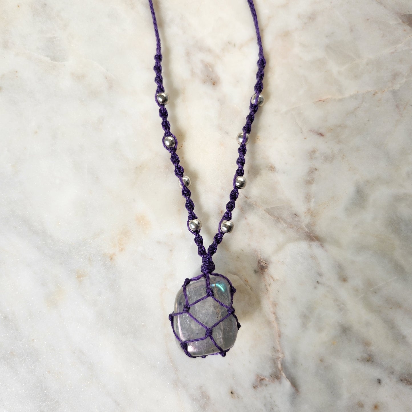 Smokey angel aura rainbow flash quartz crystal handmade macrame necklace with purple cord and silver beads