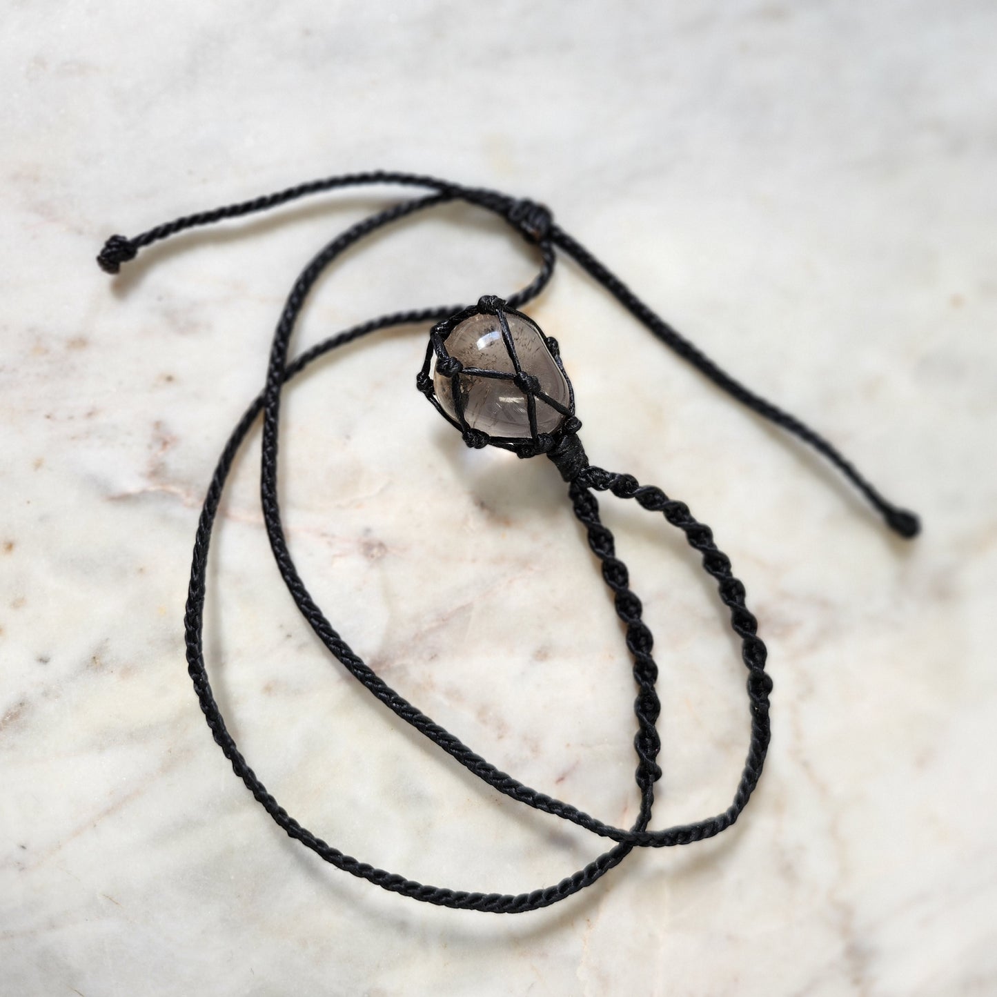 Smokey quartz crystal handmade macrame necklace with black cord