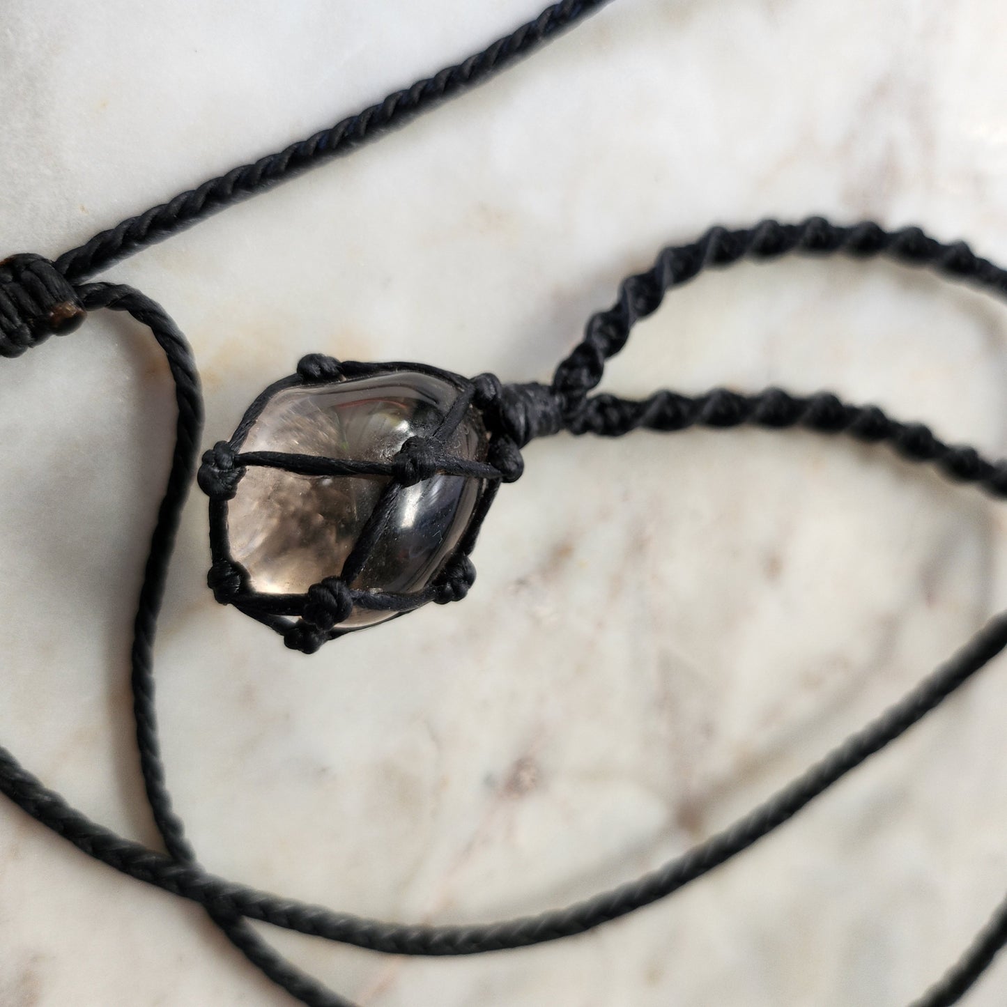 Smokey quartz crystal handmade macrame necklace with black cord