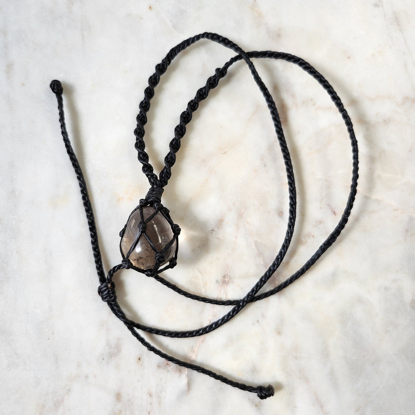 Smokey quartz crystal handmade macrame necklace with black cord