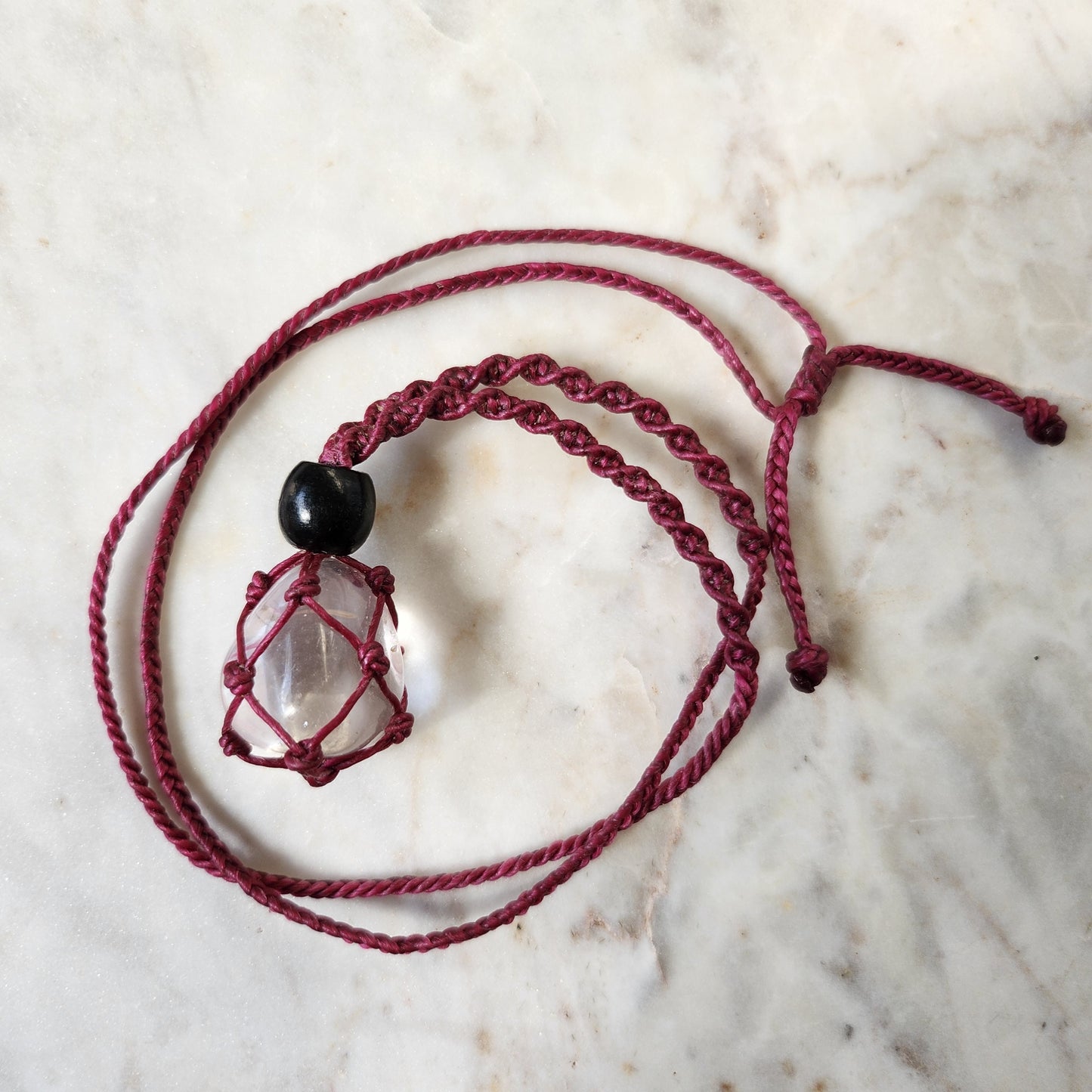 Clear quartz crystal handmade macrame necklace with magenta pink cord