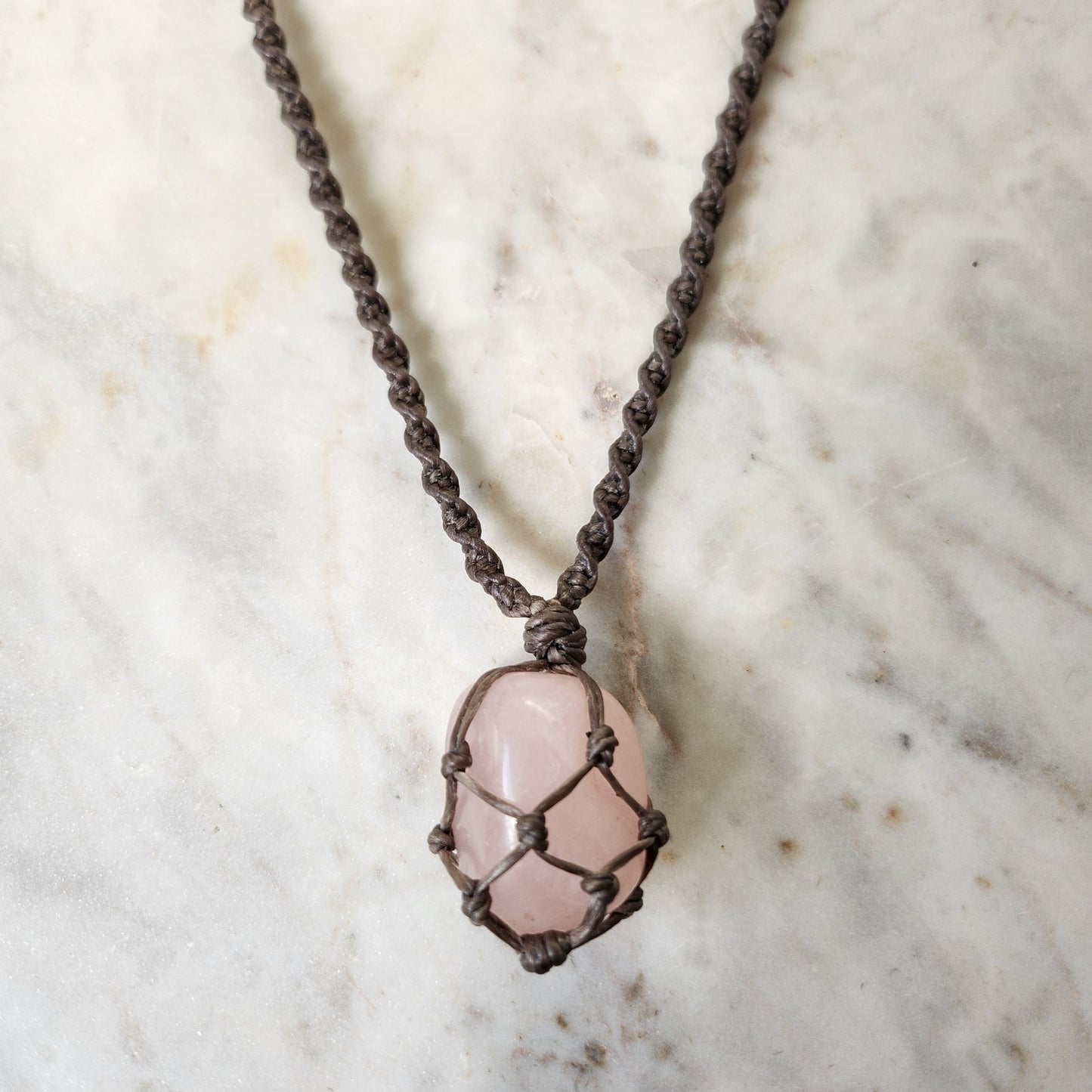 Rose quartz crystal handmade macrame necklace with grey cord