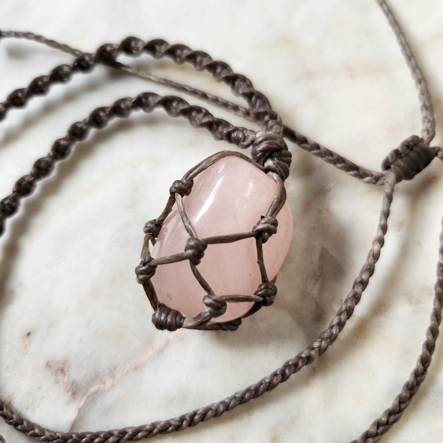 Rose quartz crystal handmade macrame necklace with grey cord