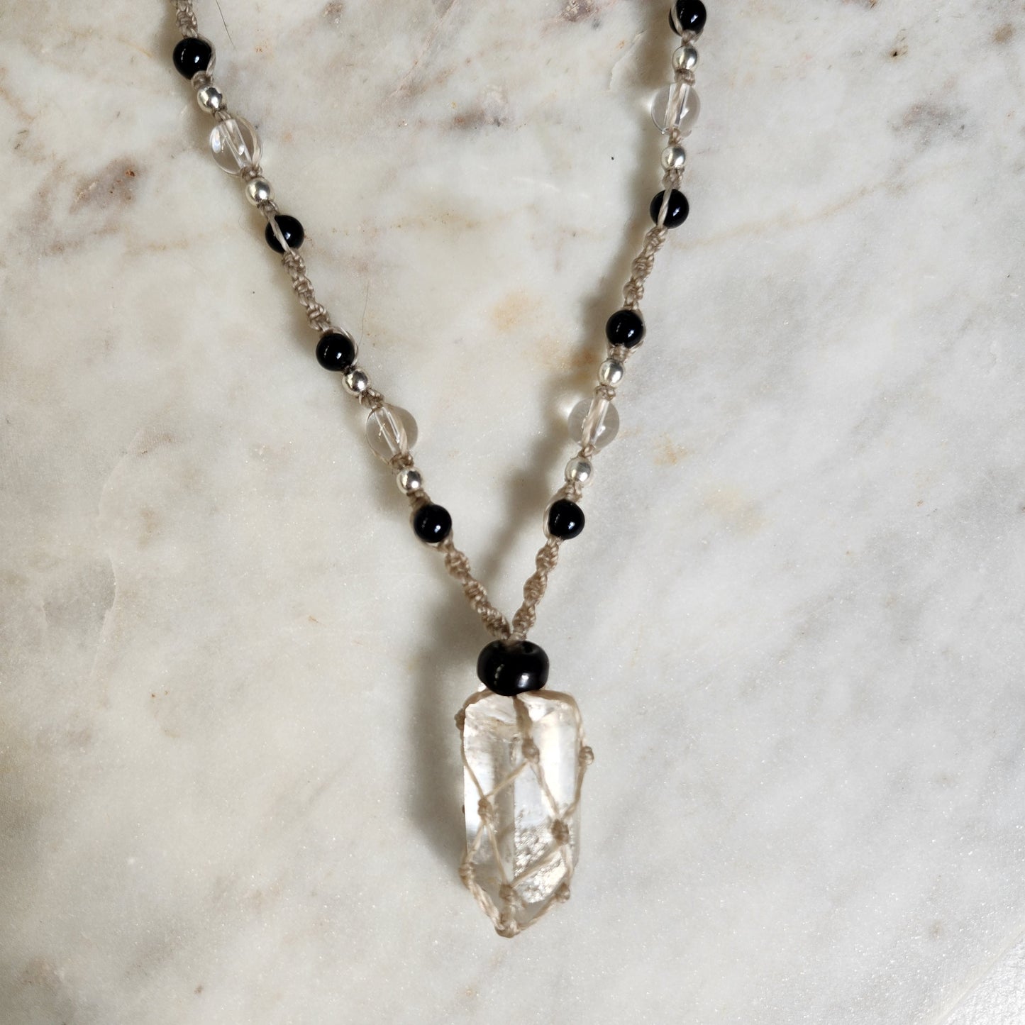 Quartz point crystal handmade beaded macrame necklace with beige cord