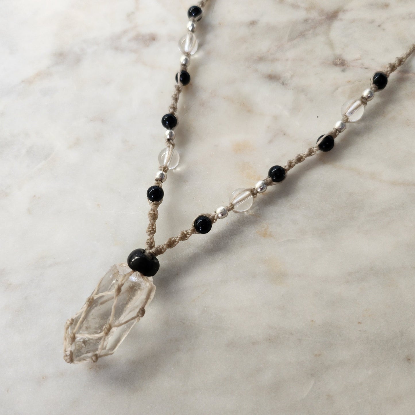 Quartz point crystal handmade beaded macrame necklace with beige cord