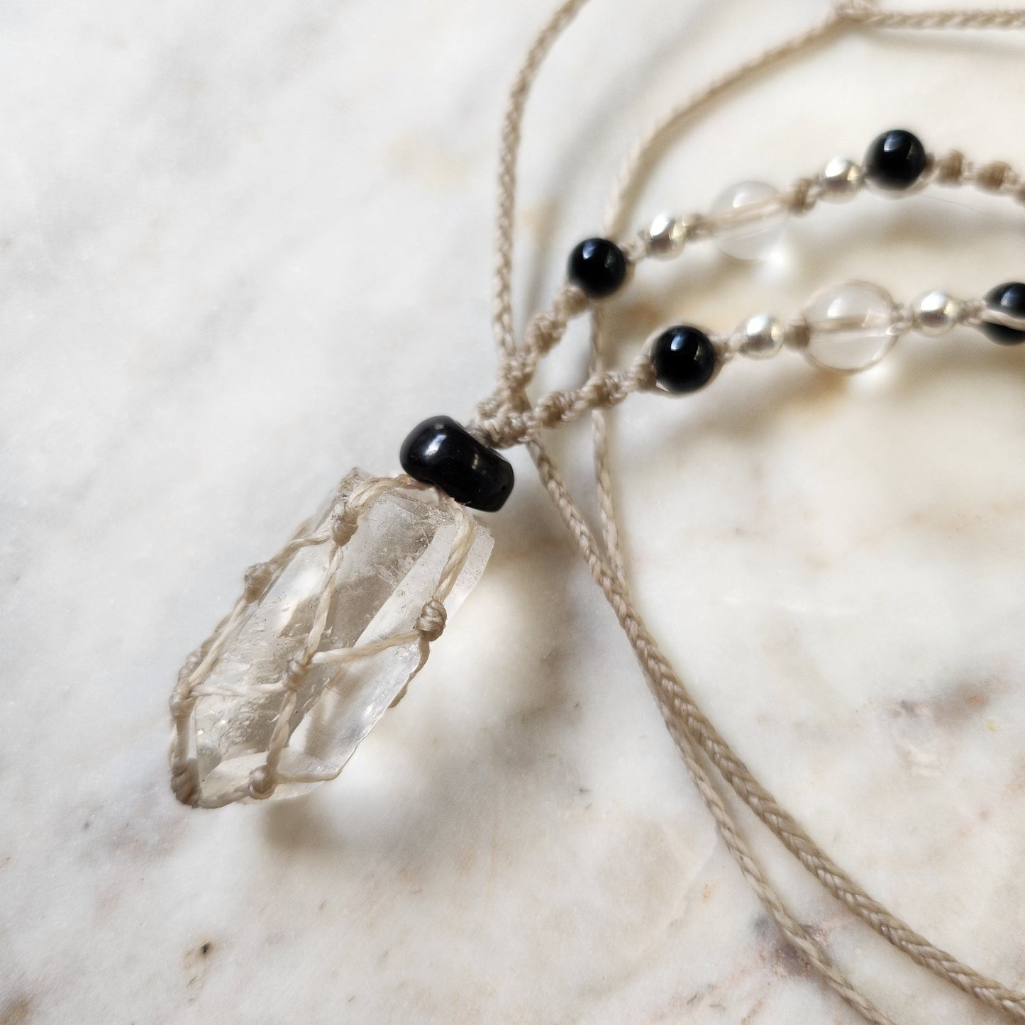 Quartz point crystal handmade beaded macrame necklace with beige cord