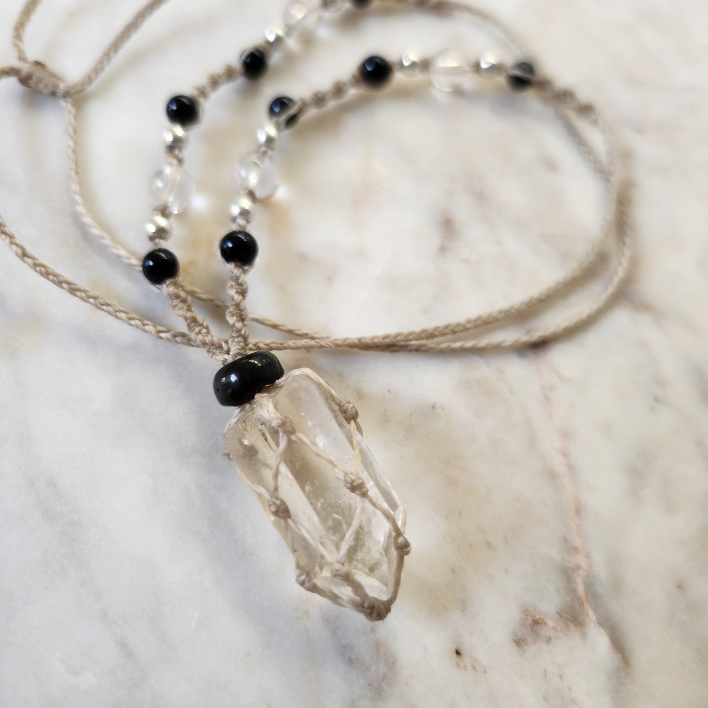 Quartz point crystal handmade beaded macrame necklace with beige cord