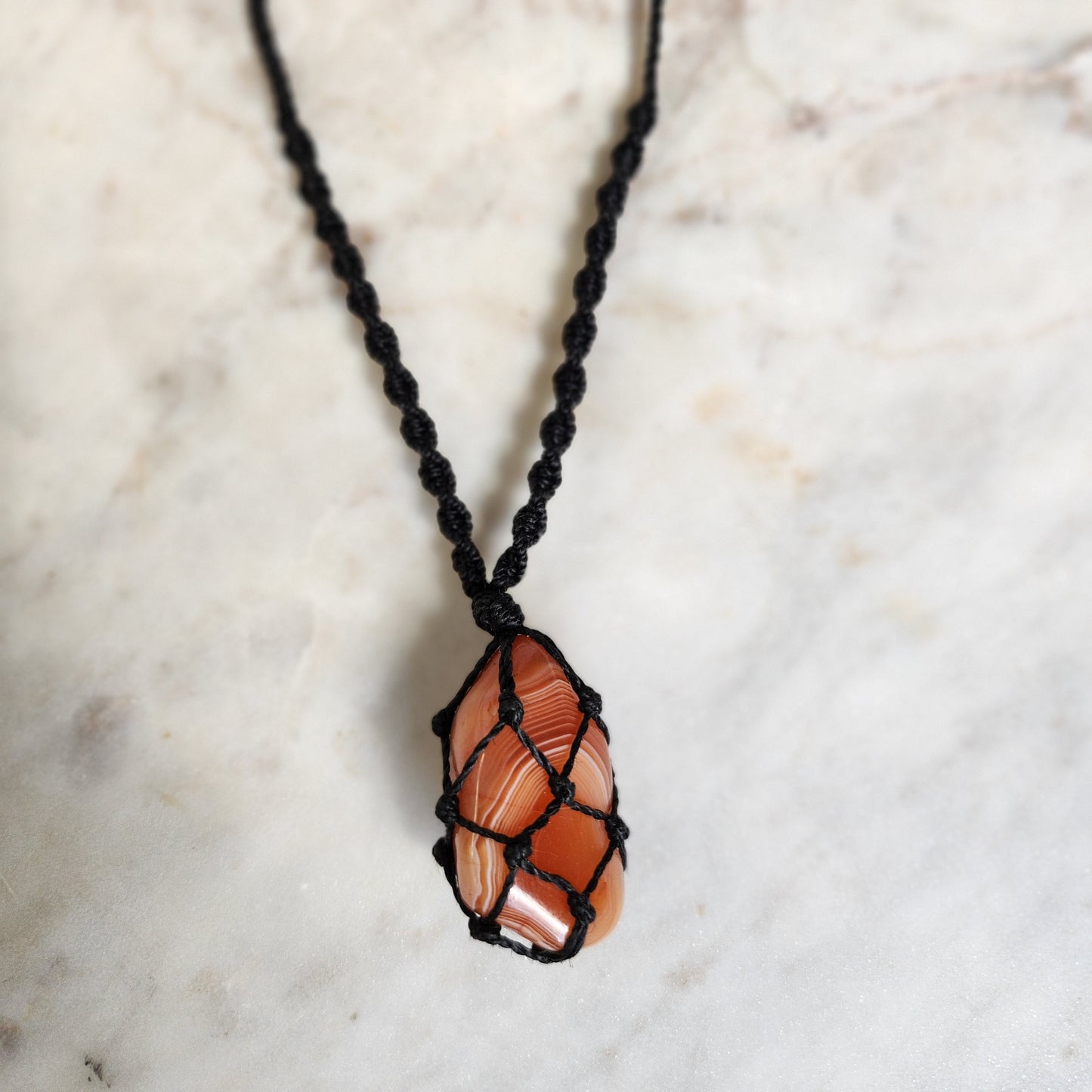 Orange Agate crystal handmade macrame necklace with black cord