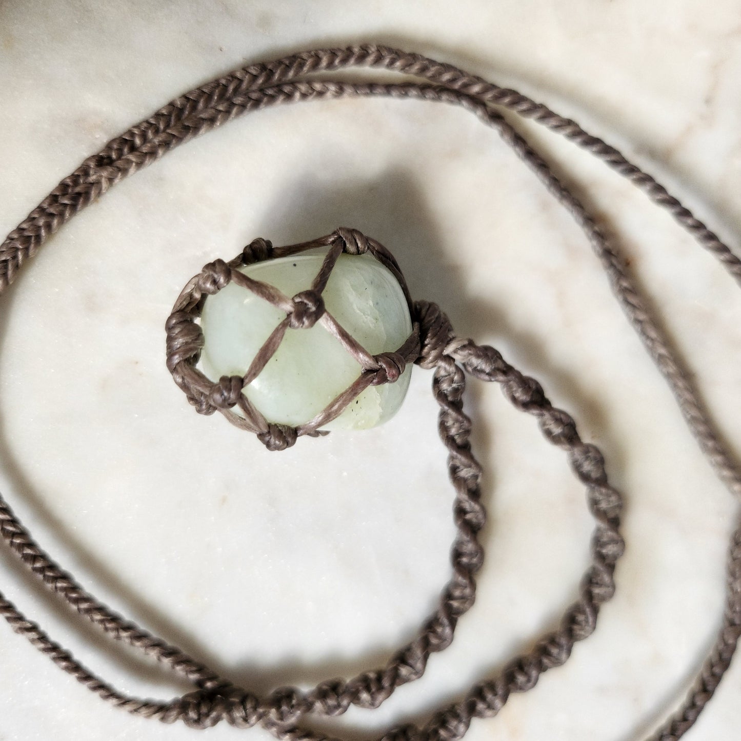 Jade crystal handmade macrame necklace with beige/grey cord