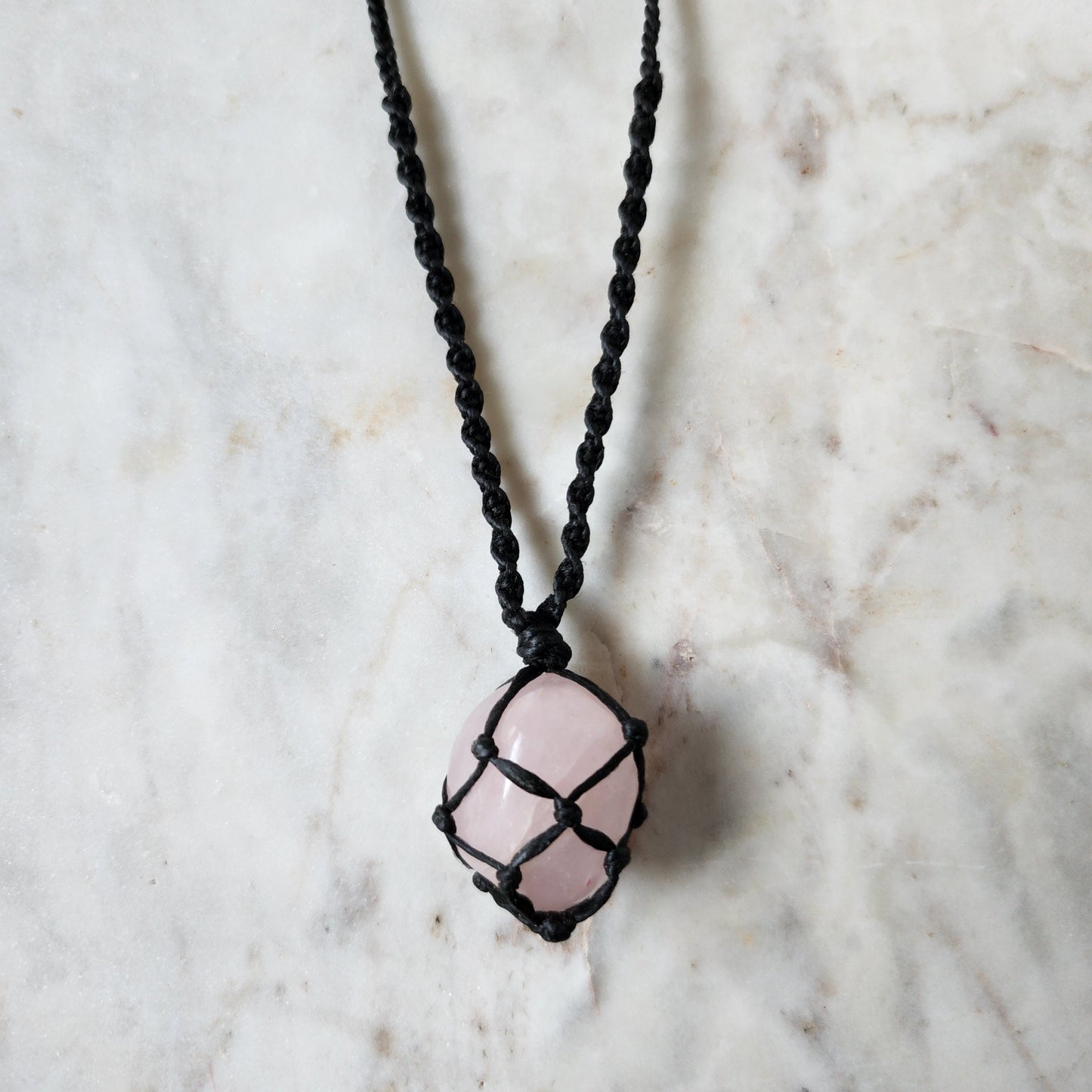 Rose quartz crystal handmade macrame necklace with black cord
