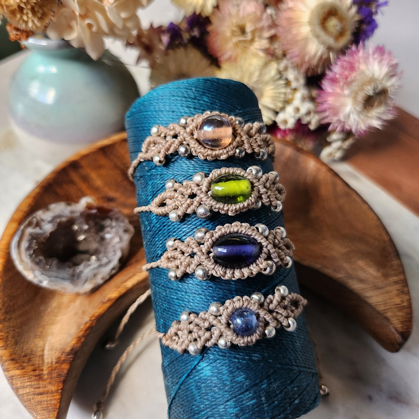 Handmade beaded macrame bracelet glass stone and silver beads