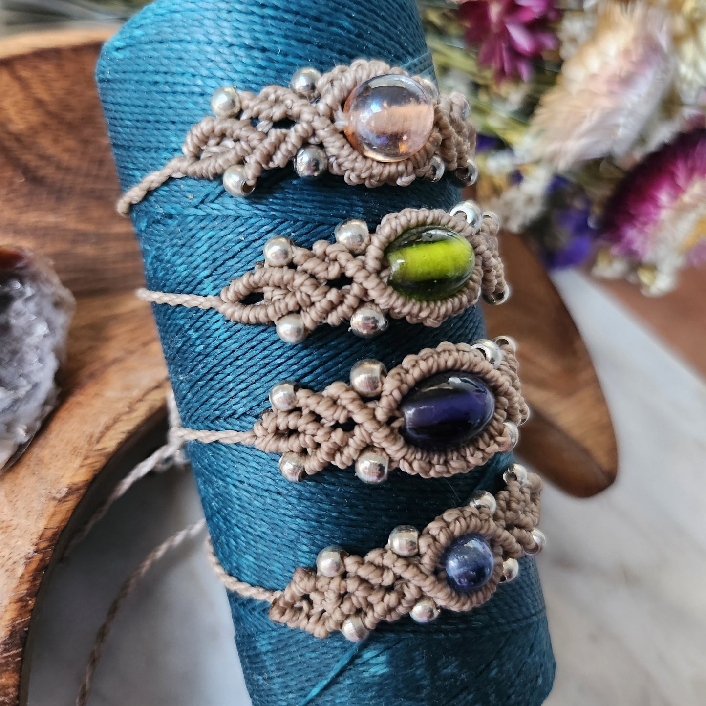 Handmade beaded macrame bracelet glass stone and silver beads