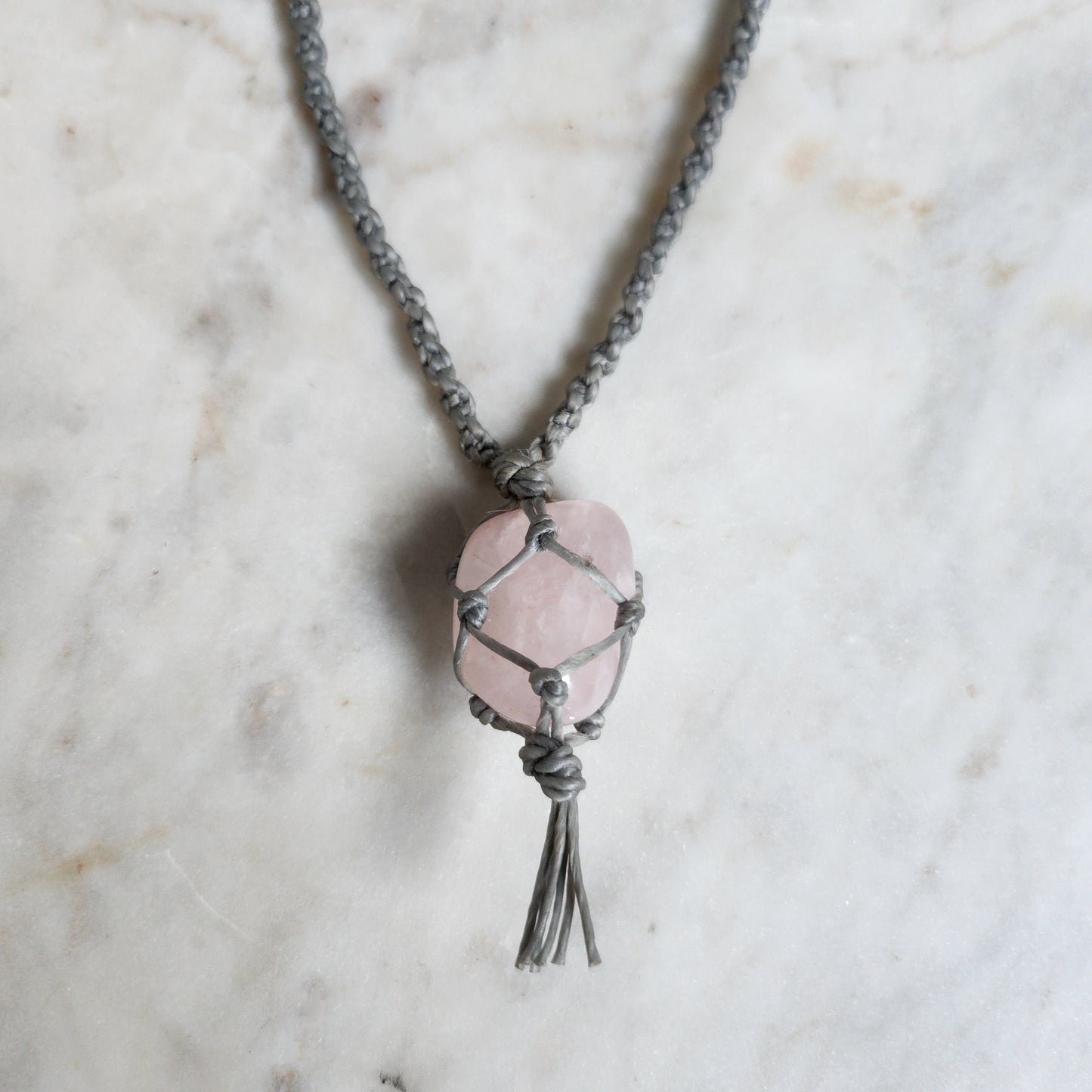 Rose Quartz crystal handmade macrame necklace with blue/grey cord