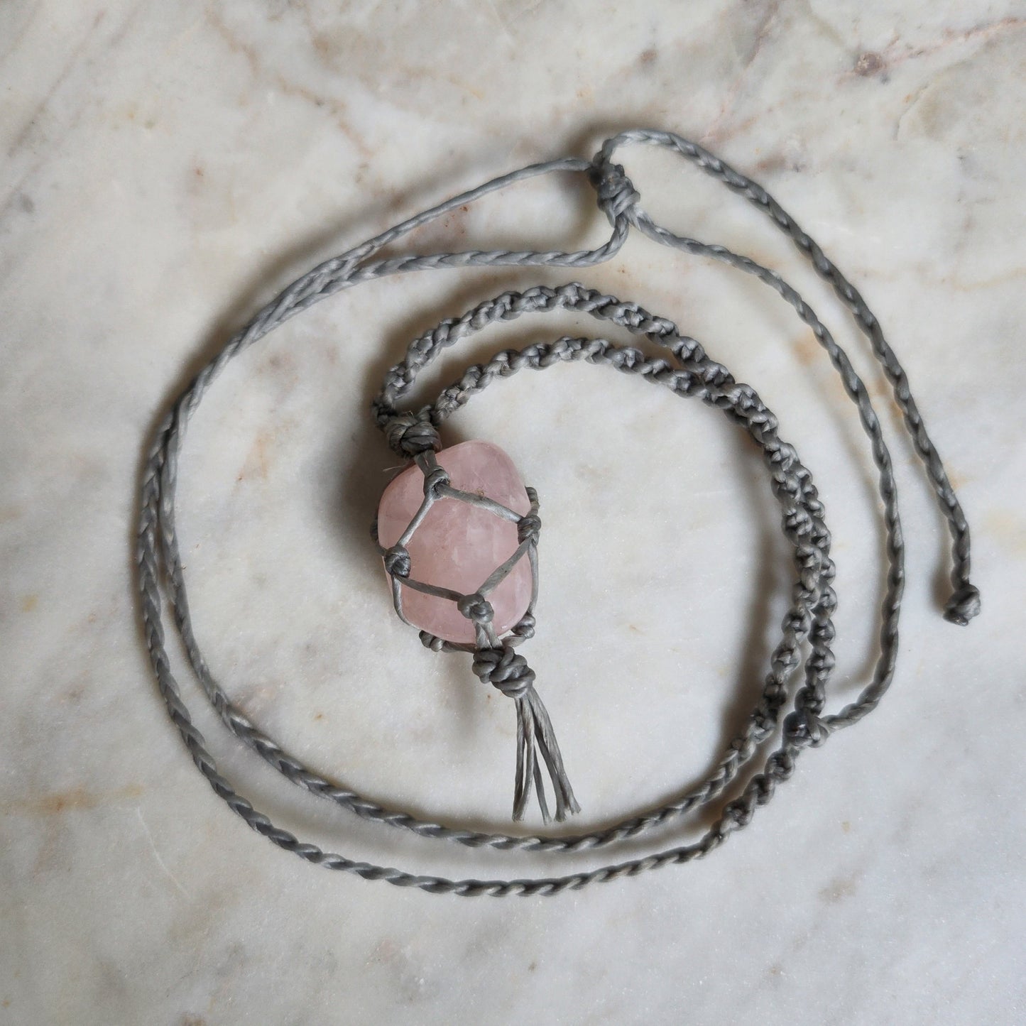 Rose Quartz crystal handmade macrame necklace with blue/grey cord